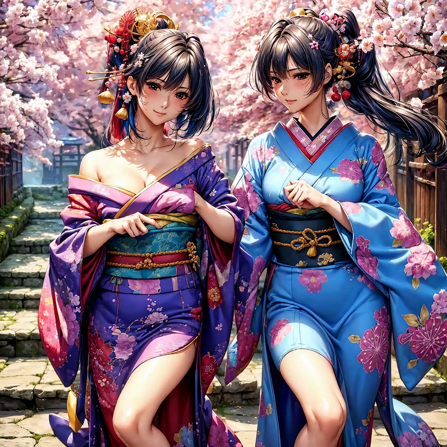 (((highest quality、masterpiece、very high resolution、High-definition images)))、Beauty Painting、realistic portrait、One strong-willed beautiful girl:18-year-old、beautiful body:Slender, beautiful breasts and beautiful legs、beautiful face:smile、eyes with strong will,beautiful hair:various hairstyles 、best skin and hair texture,realistic skin texture,realistic hair texture、(((japanese kimono:Colorful Japanese patterns:Shoulders and chest are exposed)))、beautiful waterside:lantern:lantern:wooden floor、beautiful cherry blossoms、stone steps、beautiful sky、Natural light、beautiful scenery、model pose:Show off your swimsuit、beautiful pose:Show off your kimono、model shoot、Gravure photography、(((The wind is blowing))),accurate image:1.5、accurate anatomy:1.5、Image without defects、perfect image、Overall image、(best shot、Raw photo、photorealistic stick)