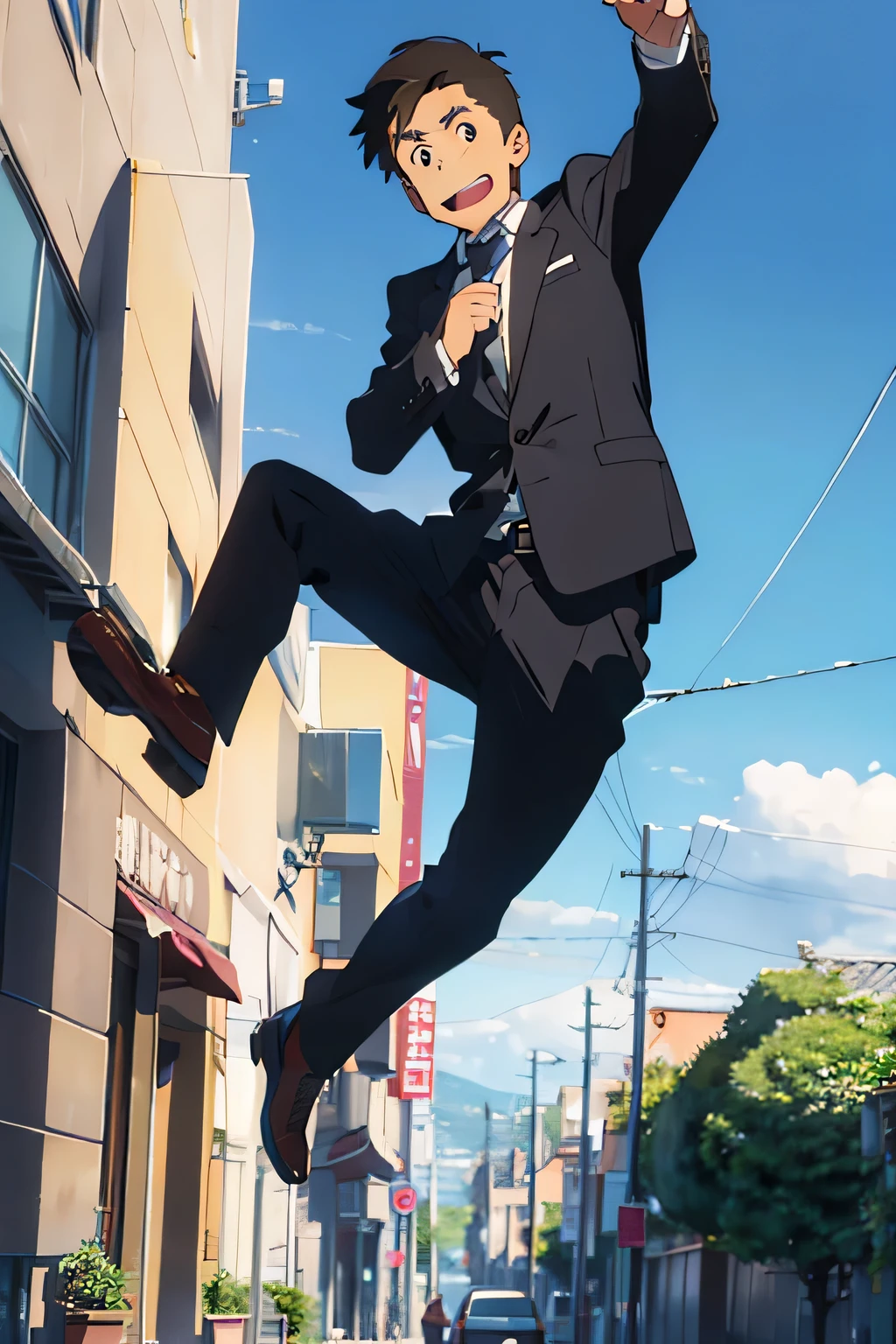 30 years old((male))Wearing a suit、Jump with all your might、Raise one hand up high in a fist、Smiling and opening mouth、((full body image))、Do not cut limbs