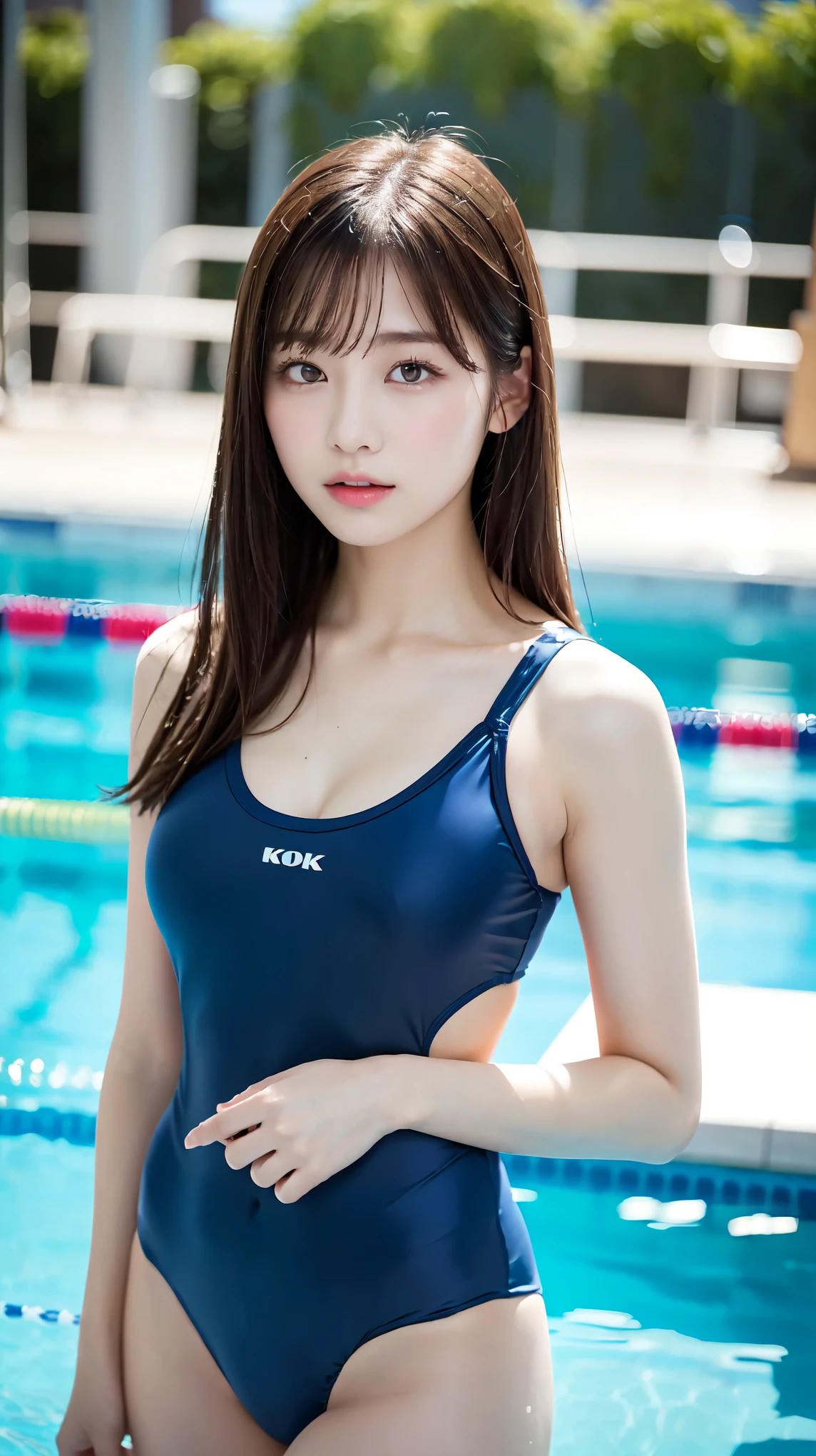 old style school swimwear, (navy blue school swimsuit),from below,((from the front)),((school outdoor pool))、perfect proportions、cute、((18 year old female:1.ung adorable japanese face,official art,Highly detailed CG Unity 8K wallpaper,(masterpiece:1.0),(highest quality:1.0), 超A high resolution,4k,Super detailed, photo shoot, 8K, nffsw, High resolution, kodak portrait 400, film grain, lens flare glow,高いest quality,8K,nffsw:1.2),portrait shot,8K、View viewer