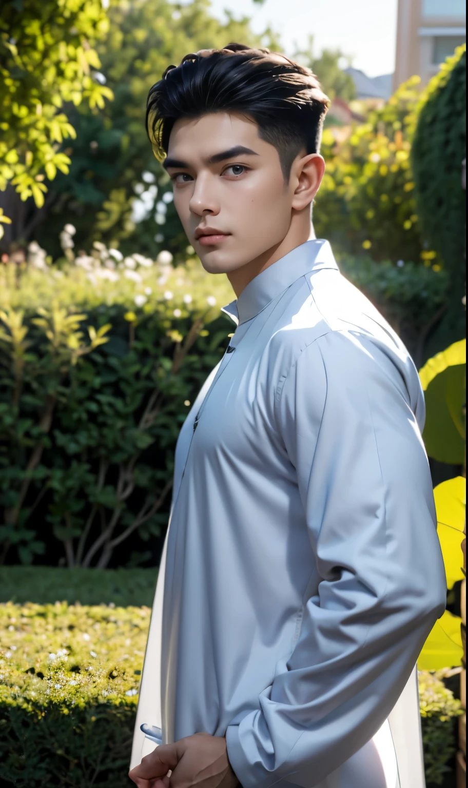 A man wear baju melayu with sampin, muscle, well-built body, blue color eyes, sharp eyebrows, side part hairstyle, short hair, dutch angle, standing, garden, outdoor, looking at viewer, realistic, 32k uhd, masterpiece, ultra high, 