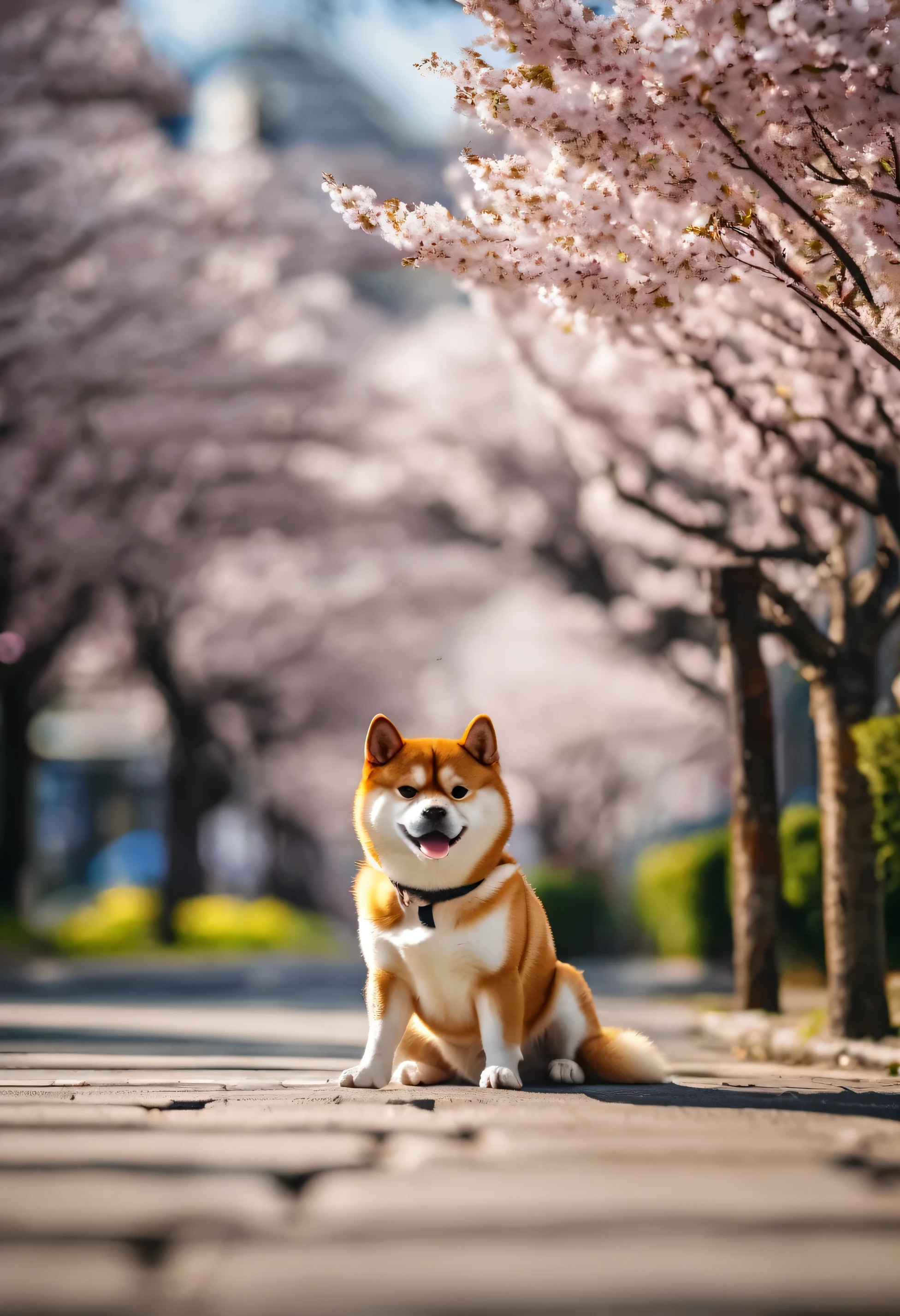 An ultra detailed photo of shiba inu on a street during the cherry blossoms season, ultra sharp focus, award winning photo, perfect contrast, high sharpness, ultra detailed photography, global illumination, smooth, ultra high definition, 8k, unreal engine 5, award winning photo, trending on artstation