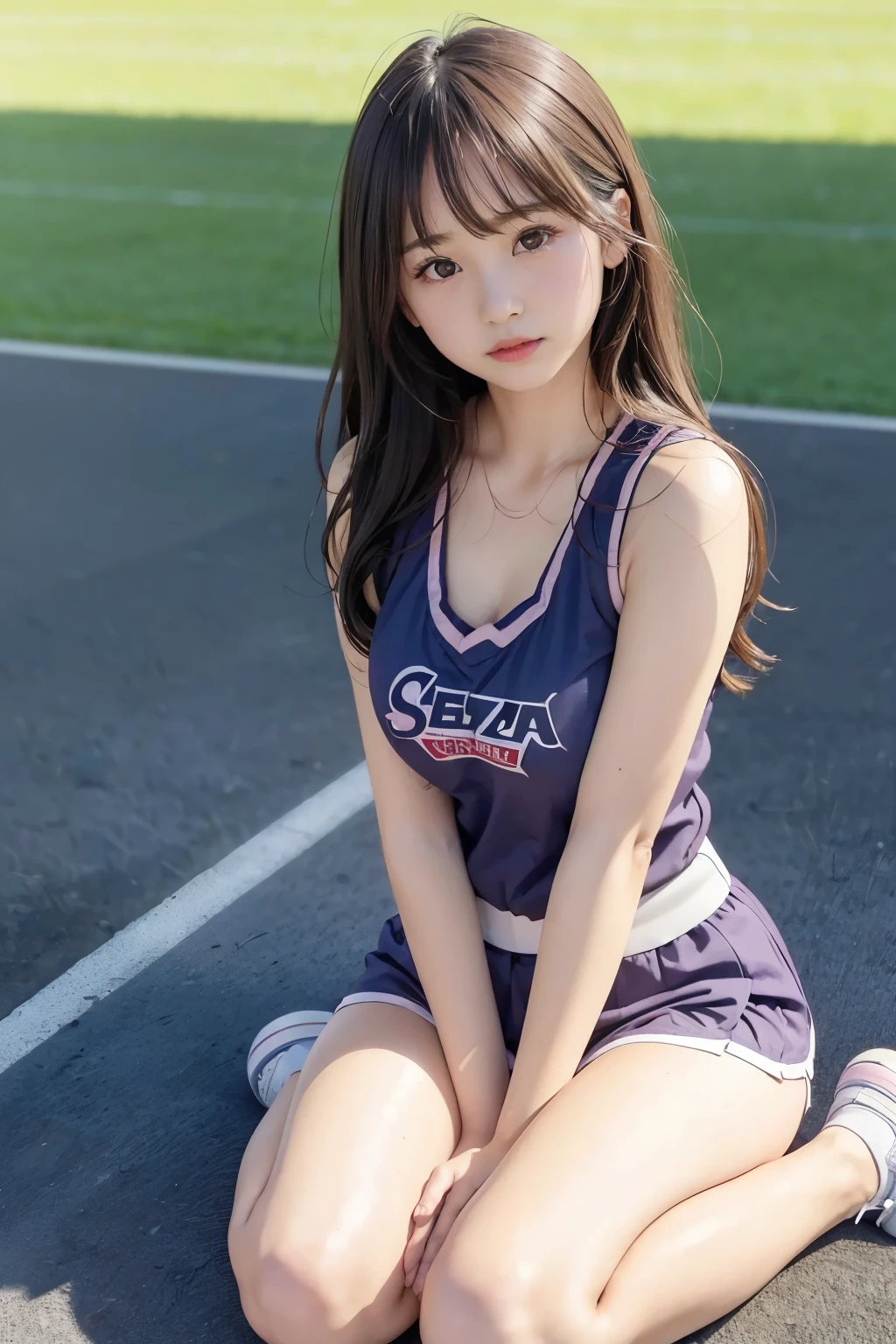 (cheerleader), (), (sneakers), (), (), adorable, cute japanese girl, , 16 years nd detailed eyes, droopy eyes, face focus, (small breasts), (cleavage:1.0) , (low contrast,catch light:1.0), (highly detailed skin), (highest quality:1.0), (Super A high resolution:1.0) ,(realistic:1.0), (Super detailed:1.0), (8K, Raw photo:1.1),( shy smile:0.8),(looking at the viewer:1.3), (seiza、sit with legs bent:1.5), medium long straight hair:1.5, The stadium in the background