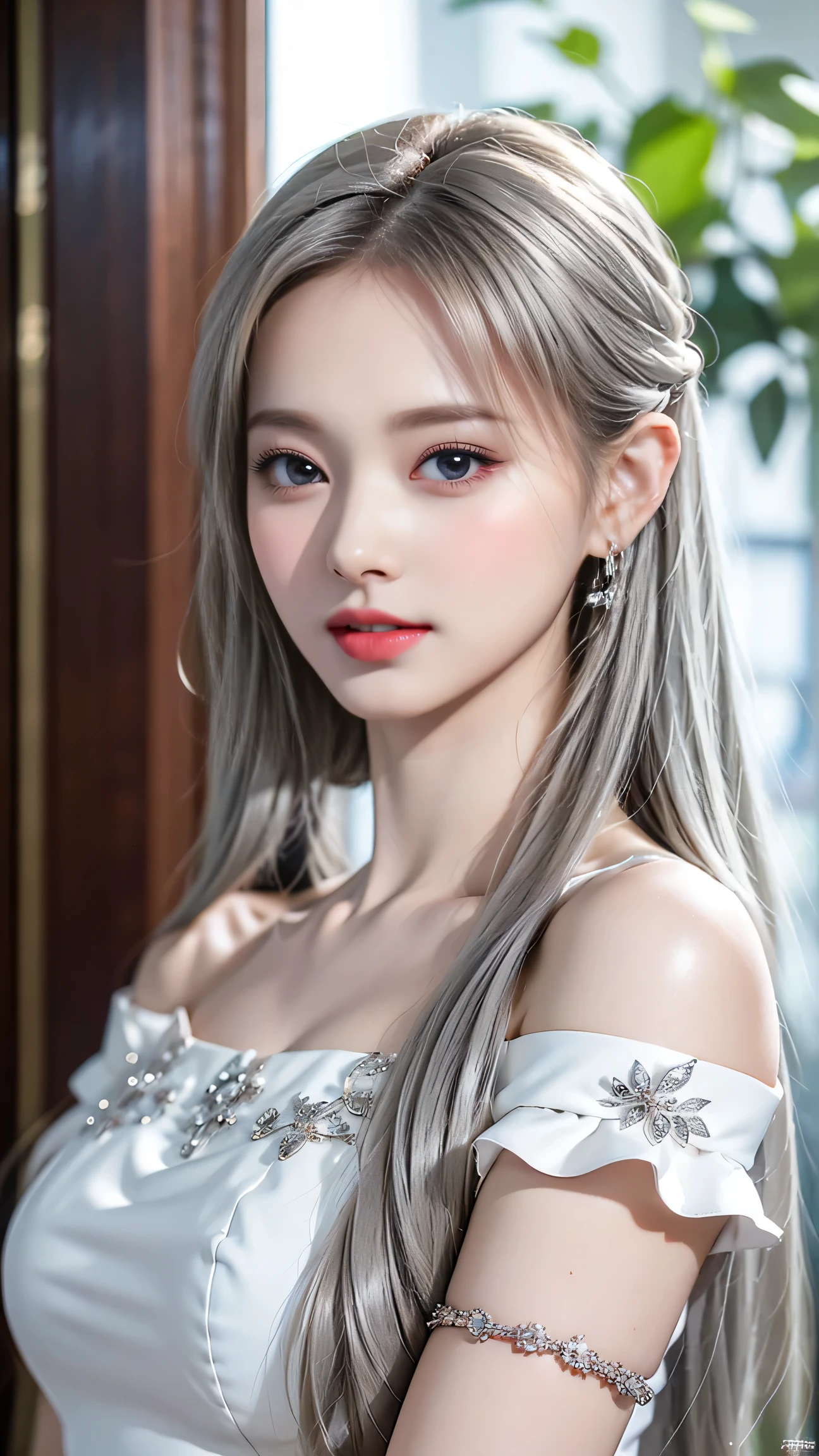 top quality work,Actual work,Ultra Premium Graphics,8K HD CG works,high quality graphics,High-definition CG works,10x pixels,super fine details:1.1,Advanced technical details:1.1Photo-realistic,Indoor Lighting Effects:1.5,Natural light:1.5. light effect(virtual light effect:1.8),超A high resolution,shiny red dress,長いsilver hair,silver hair,transparent hair,high detail hair(premium hair detail:1.1)clear eyes,beautiful double eyelids,sharp eye makeup, delicate eyelash makeup, thin eyebrows, highly detailed eyes,high nose, nice red lips, rose cheeks, A face with delicate makeup , cute face, perfectly proportioned face,(Advanced facial details:1.1),shiny、girls school uniform,bright red series,(Off-shoulder white dress with floral pattern),Photo shoot in front of the mirror,woman'artwork of,full body figure,realism,wonderful,My eyes are shining today(smile)