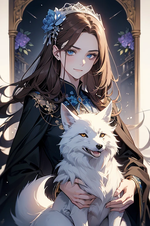 (highest quality,High resolution,Super detailed),1 girl, Beautiful and exquisite light blue eyes, brown hair,Blue floral ornament, cold smile,indignation,I&#39;m angry,Blue floral ornament,
Straight long hair tied back, wearing a black suit, mature woman, 25 years old,cruel smile, Calm and Calm, slender body shape, pale complexion, thin, Calm, secretary,He has a big white fox with him..,Carrying a big white fox,Blue floral ornament
