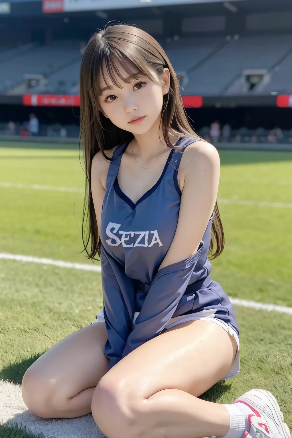 (cheerleader), (), (sneakers), (), (), adorable, cute japanese girl, , 16 years nd detailed eyes, droopy eyes, face focus, (small breasts), (cleavage:1.0) , (low contrast,catch light:1.0), (highly detailed skin), (highest quality:1.0), (Super A high resolution:1.0) ,(realistic:1.0), (Super detailed:1.0), (8K, Raw photo:1.1),( shy smile:0.8),(looking at the viewer:1.3), (seiza、sit with legs bent:1.5), medium long straight hair:1.5, The stadium in the background