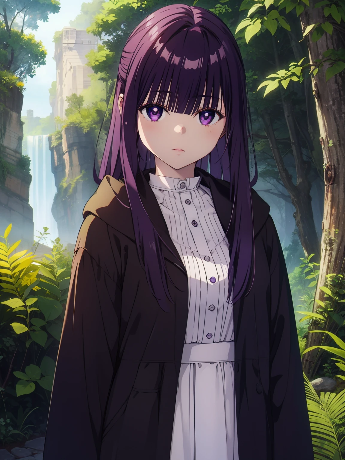 freirenFern, Fern, purple hair, long hair, purple eyes, dull bangs, side lock, half up hair, bright pupils, (big breasts, 1 girl), Ruffled collar, black robe, white dress, center ruffle, button, wide sleeve, long sleeve, crooked, Ruffled collar, BREAK&#39;s masterpiece, highest quality, High resolution, 8K, official art, super resolution, very detailed and beautiful, very detailed, Incredibly detailed, very detailed美しい女の子, very detailed顔, very detailed目, very detailed肌, very detailed指, very detailed鼻, very knowledgeable mouth, Perfect Anatomy BREAK Full Body Shot, look down, Pray BREAK HILL, nature, forest, very detailed CG unity 16k, Very detailed 16KCG wallpaper
