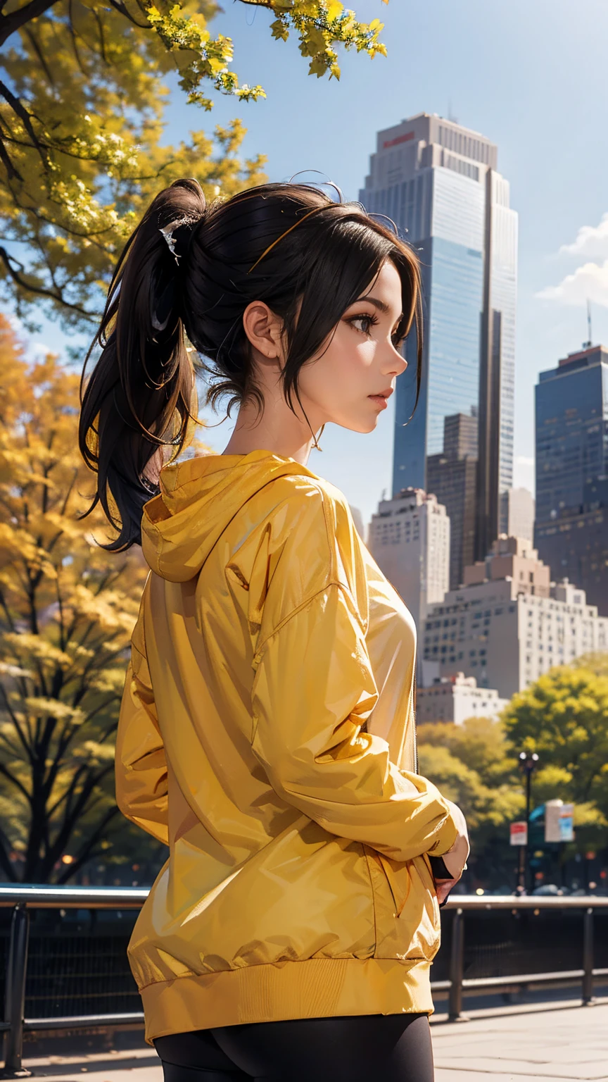 new york、skyscraper、Woman jogging in Central Park、Brown inner color((colored inner hair))、ponytail