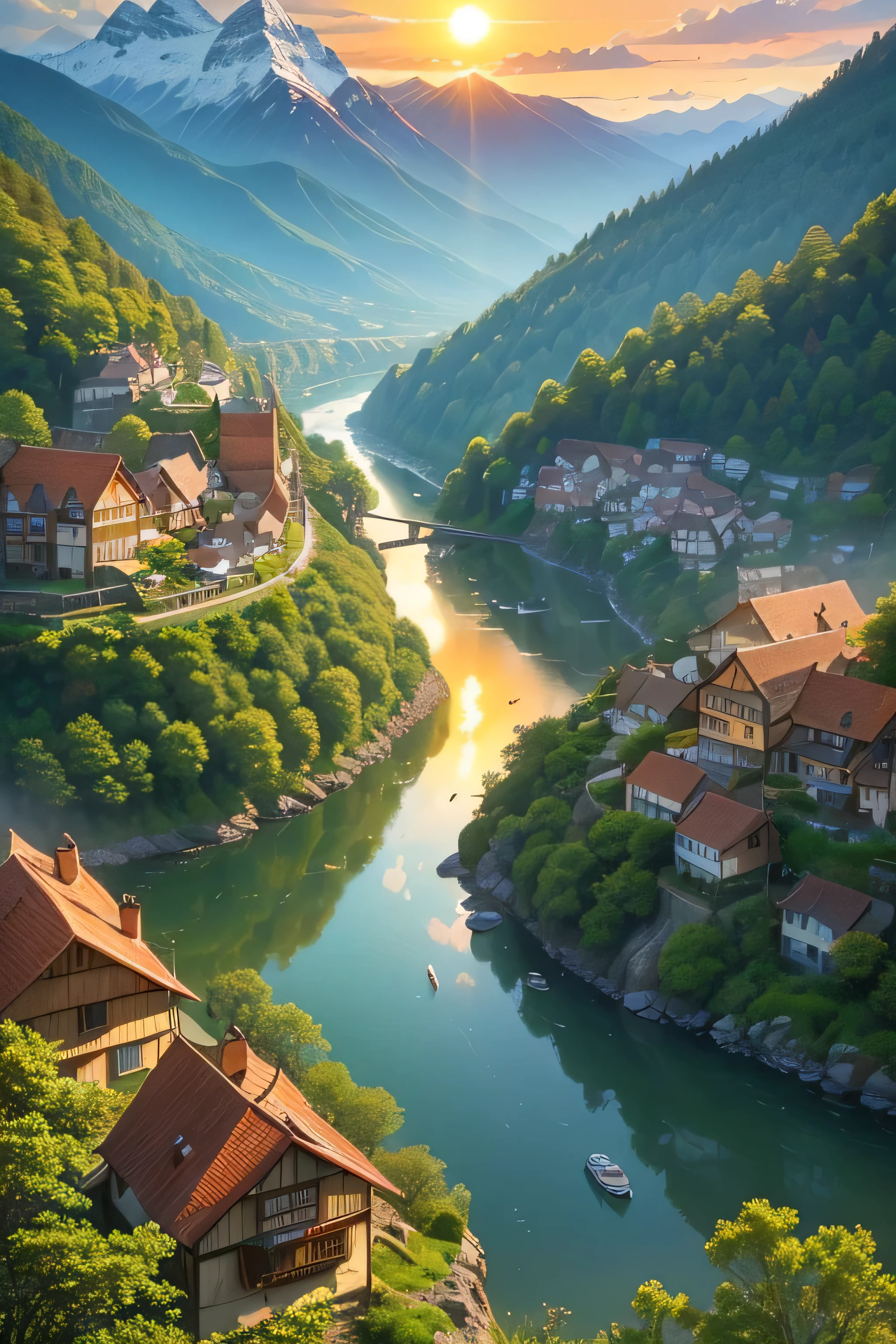 ((best quality)), ((masterpiece)), (detailed), As the sun dipped behind the rugged peaks, casting a golden glow over the tranquil river below, the two villages nestled amidst the verdant slopes of the mountains, their quaint charm mirrored in the breathtaking beauty of the hilly landscape.