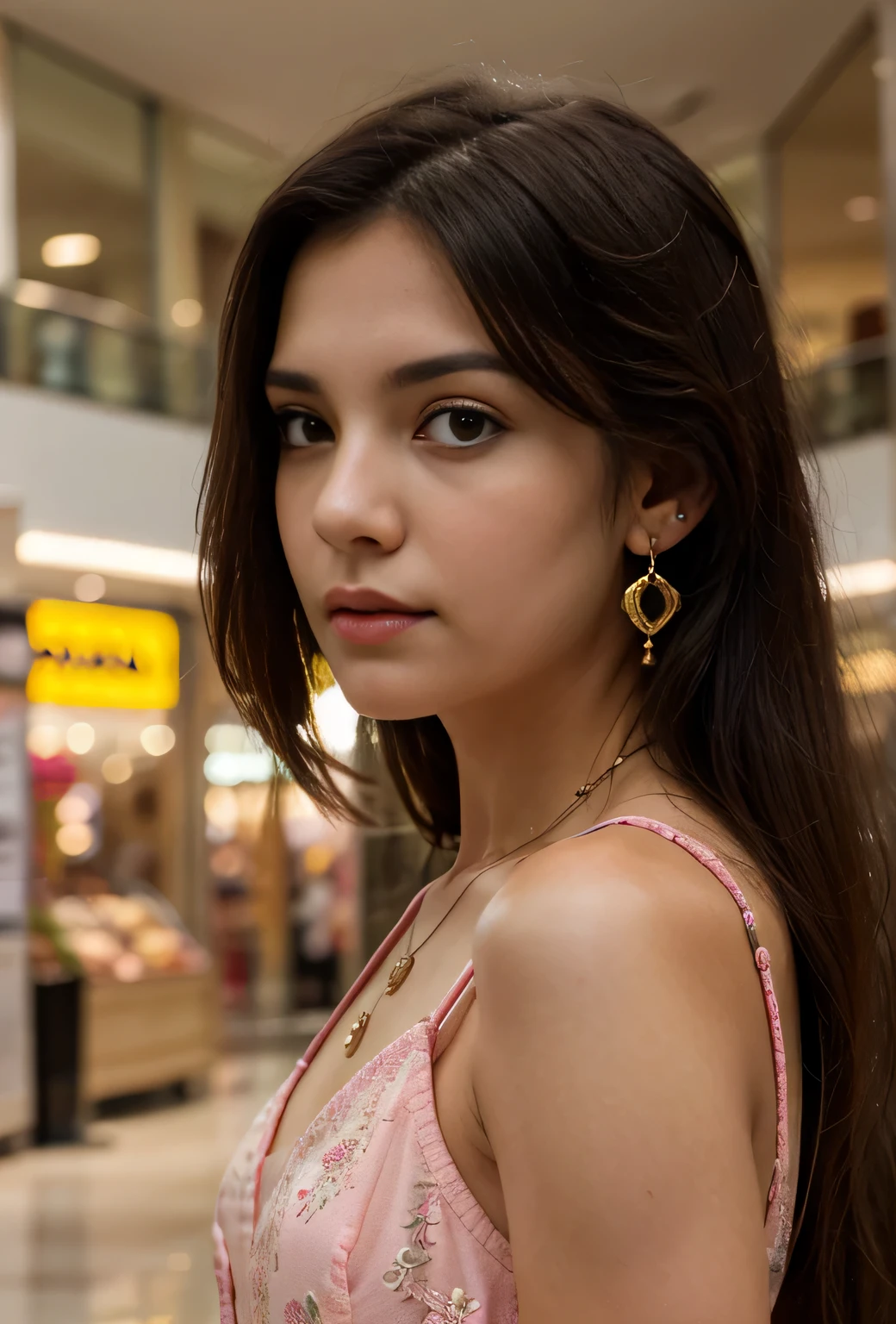 Girl with black long Corley hair,dark brown hair , in shopping mall, focus face, clean face,masterpiece,yellow eyes, wearing beautiful pink dress, beautiful necklace,earring , High quality, master piece,HD wallpaper