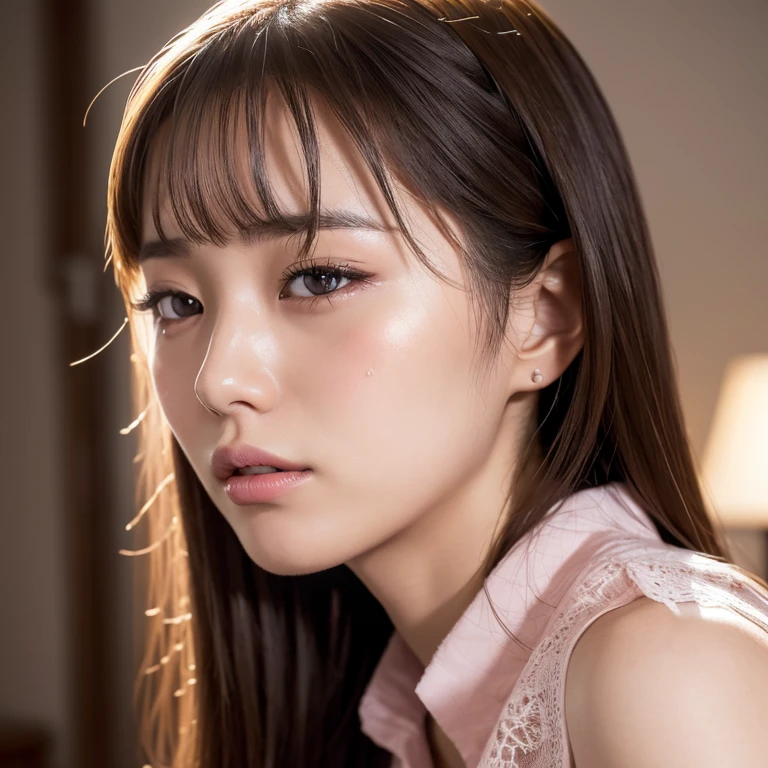 The eyes of a young, beautiful Japanese woman in the ??? industry crying silently in the living room. Focal length 100mmf/2.8, Spring night, living room on the upper floor of a high-rise apartment, quiet night, fair features, long hair, a sad story told to me, profile, toned body, pink blouse with lace decorations, Transparent skin, close-up eyes, a sense of realism, 8K image quality, and the highest quality.
