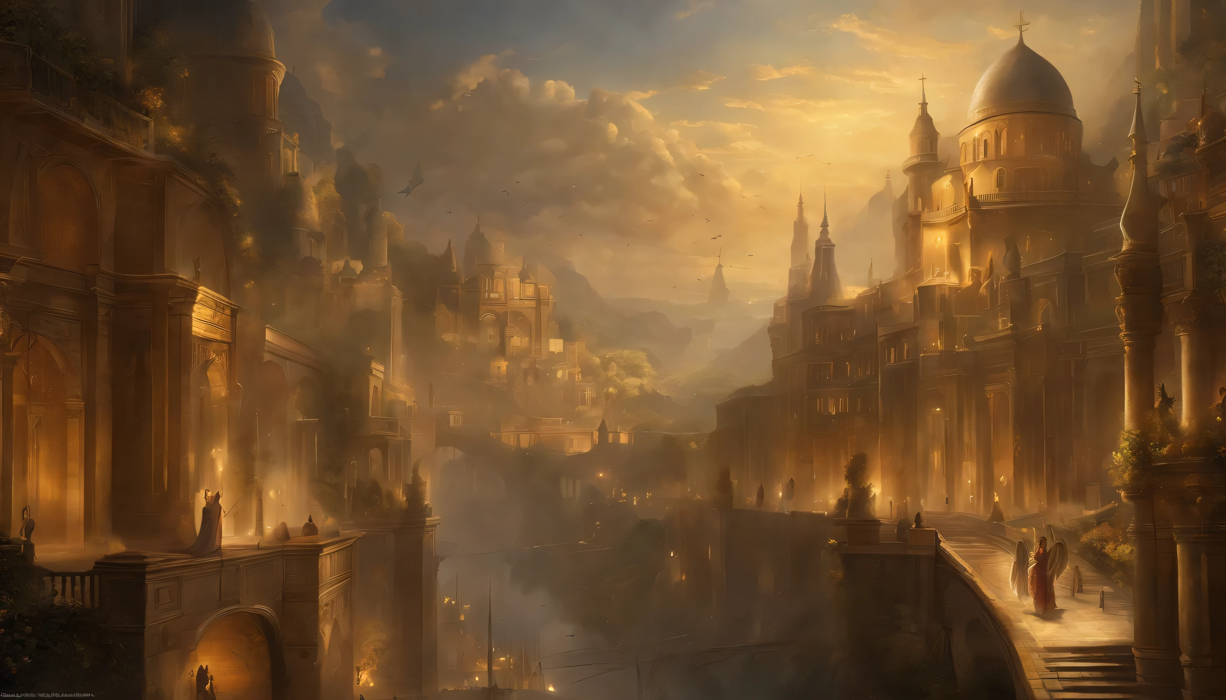 A painting of a city with a castle and angels flying around, internal、Empyrean City.A gorgeous 50m high wall、Golden Wall, city of utopia, Heaven&#39;s Golden Walls!!!!!!!!, Esoteric equation heaven, heaven on earth, breathtaking art, breathtaking,, Apocalyptic City,, Elaborate dark paint