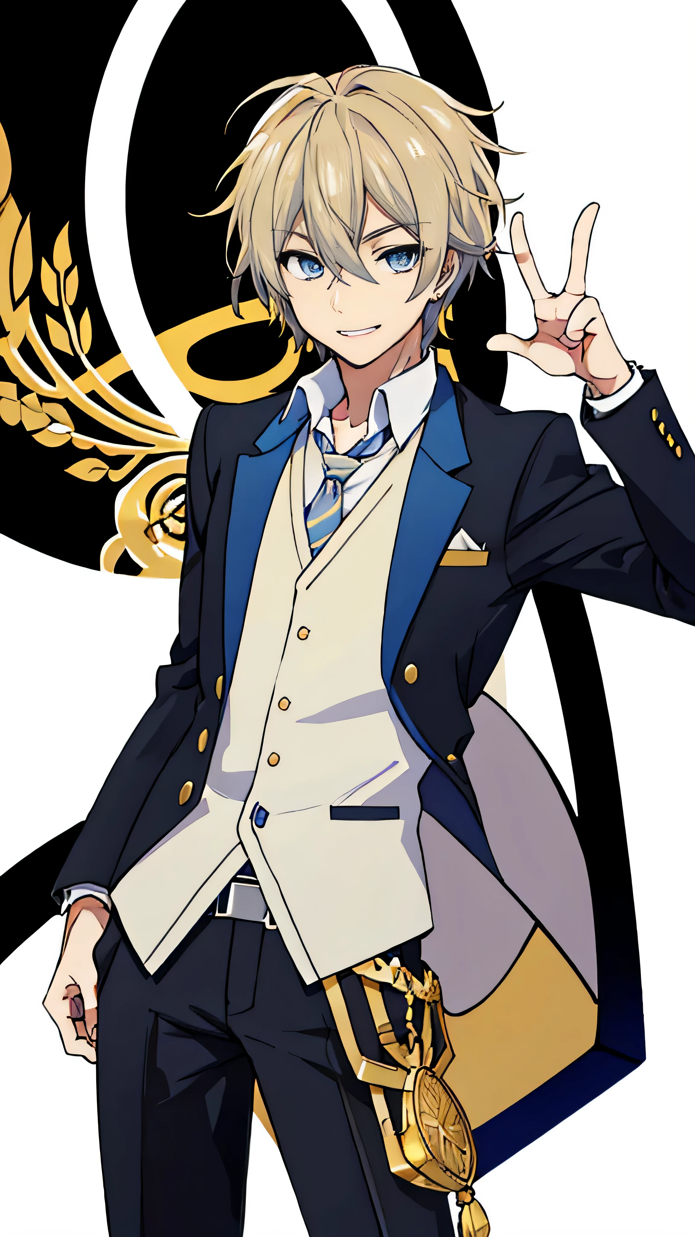 1 male, beautiful and cool character, blazer uniform, smiling a little, whole body, Are standing, white background, gold eye on left eye and blue eye on right eye, The left eye is golden and the right eye is blue-eyed, he is tall, 17-18 years old, senior high School, Bold, handsome man, authoritative, perverted face, cool pose, anime style, anime picture style, the details is so good, hd picture,4k, no bug and glitch, 