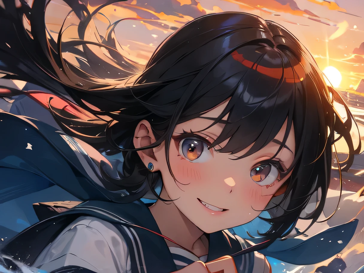anatomically accurate, Absurdly High Resolution, Extraordinarily High Definition, masterpiece, highest quality, acrobatic, Looks like a lot of fun, Sailor suit for high school girls, The cutest girl in the Japan, smile, the wind is strong, Sunlight is strong, scattering sweat, red cheeks, Xin Haichengfeng, school courtyard