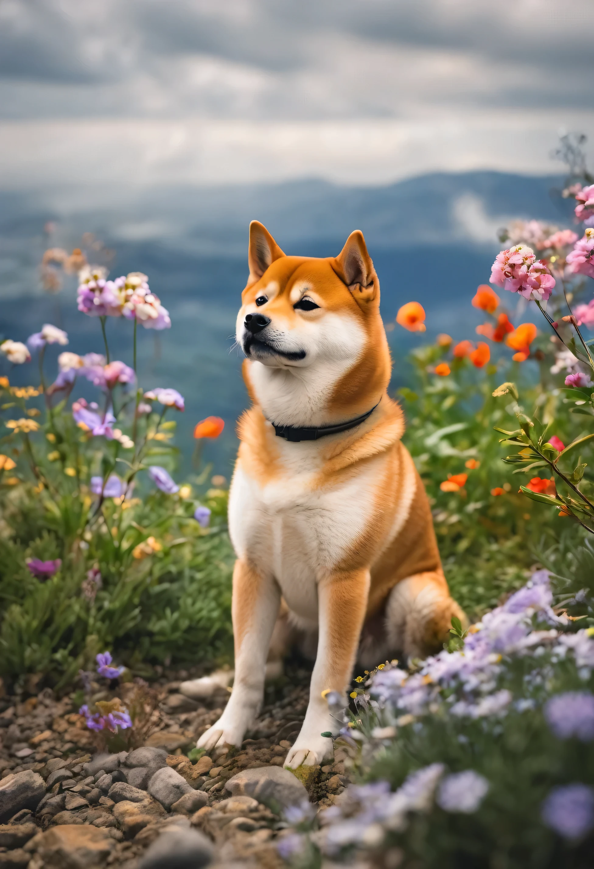 An ultra detailed photo of shiba inu on a mountain with flowers blooming around, ultra sharp focus, award winning photo, perfect contrast, high sharpness, ultra detailed photography