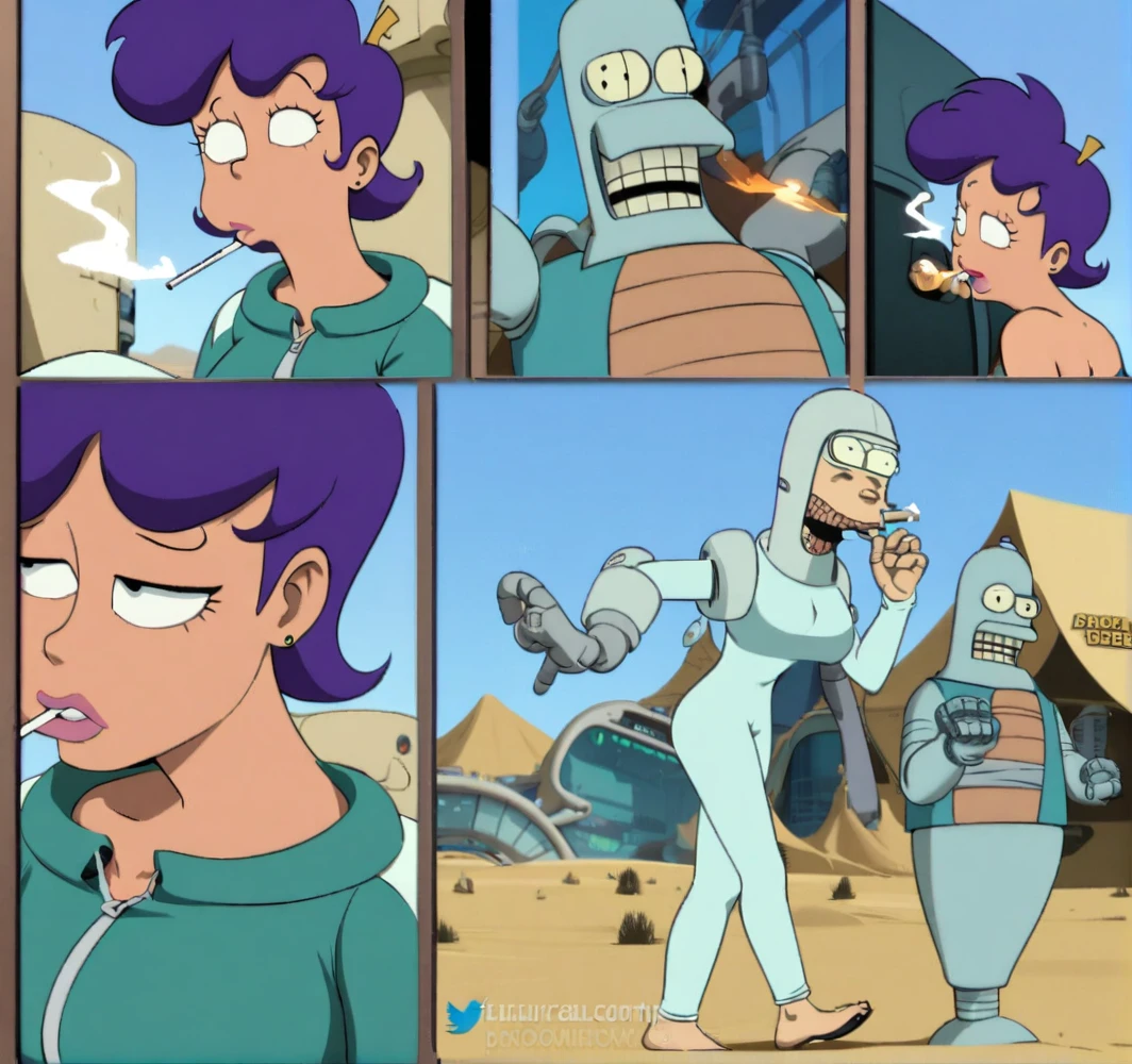 Bender Smoking Cigarette walk Out Hospital at Desert, Large Boob, Short blue Shaggy Hair, Green Tracksuit, Style of Futurama 