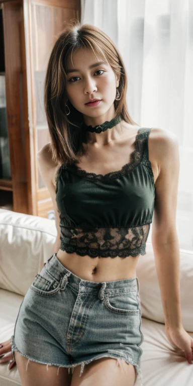 (masterpiece, best quality, (1girl:1.5), solo, intricate details, chromatic aberration), (realistic), (skin), ((breath)), yoru mac, short hair, bangs, (black eyes:1.5), blunt bangs, orange hair, bob cut, small earrings, sharp eyes, choker, (large breasts: 1.2), cleavage, ((black crop top, thin material, skirt)), open waist, (symmetry eyes), (perfect symmetrical body), night, (((natural light))), backlighting, against grey wall, dim lighting, look at viewer, (((centered shot, from front, face and waist))),