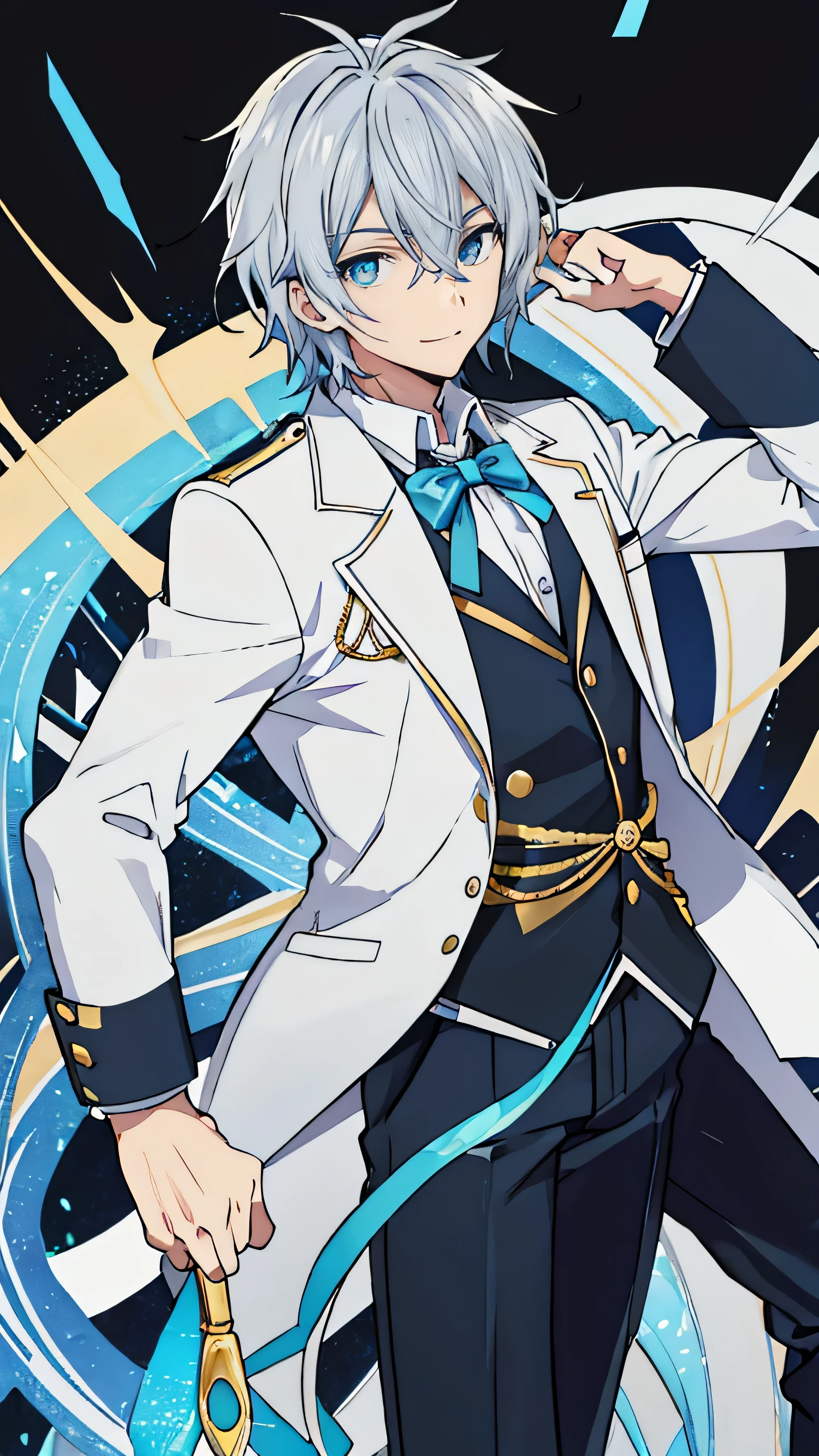 1 male, beautiful and cool character, blazer uniform, smiling a little, whole body, Are standing, white background, sort silver hair, gold eye on left eye and blue eye on right eye, The left eye is golden and the right eye is blue-eyed, he is tall, 17-18 years old, senior high School, Bold, handsome man, authoritative, perverted face, cool pose, anime style, anime picture style, the details is so good, hd picture,4k, no bug and glitch, 