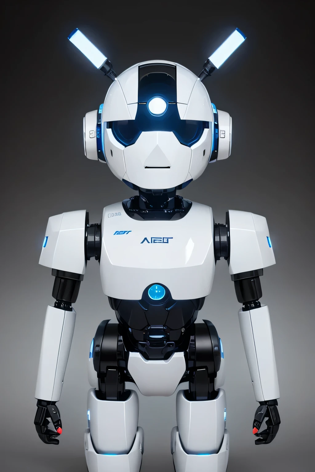 a cute white robot that has black and blue accents
