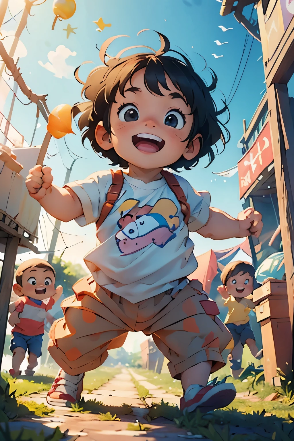 (Masterpiece), Top quality, Adorable baby girl, T-shirt, Wearing a diaper, Hands up above head, Mouth closed in a cheerful smile, Cute and chubby baby, Pixar-style animation, White pristine background, Bathed in sunlight with no shadows cast, One full-bodied baby in the middle, Baby in a playful pose, Holding a toy or reaching for a colorful ball, 45 degrees diagonal angle.