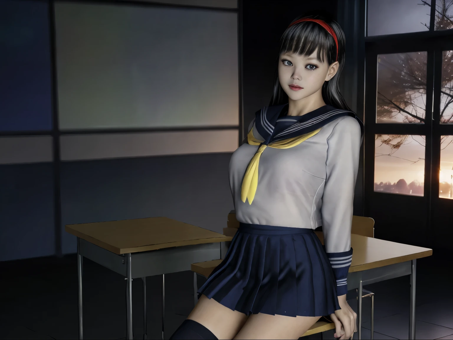 (Detailed CG、unity、8k wallpaper)、(very delicate and beautiful)、(masterpiece)、(highest quality:1.2)、(超A high resolution:1.3)、(beautiful realistic asian),beautiful lighting、perfect lightning、realistic shadow、fine skin、Super detailed、detailed face and eyes、realistic eyes、sharp pupils、Huge , inside the classroom、School、sunset、beautiful face、blurred background、(japanese woman)、shiny skin、side up、beautiful black hair、dull bangs、Japan High School Sailor Uniform、pleated mini skirt、gentle smile, ((table top, highest quality)), (shiny skin), cinematic lighting, Physically based rendering, award-winning, highly detailed skin, highly detailed face, Beautiful eyes in every detail, Carl Zeiss 85mm F/1.4, (Cowgirl:1.3), (cumin , on the chest and thighs), she'To a very cute 16 year old , (brown hair, straight long hair, open your eyes, round face), big cleavage, (sailor blouse, Pull up the pleated skirt yourself:1.3), watching from a distance, (spread your legs, thigh focus),art by、