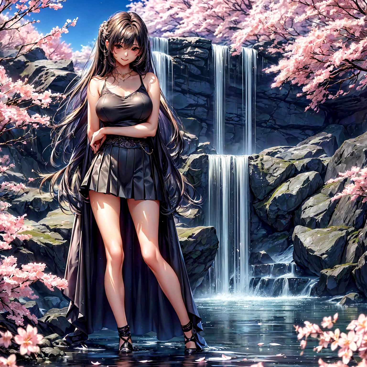 (((highest quality、masterpiece、Very high resolution、high resolution images)))、Beauty Painting、(One strong-willed beautiful girl:18-year-old、beautiful body:Slender Beautiful Breasts、beautiful face:smile、beautiful hair:various hairstyles)、 (best skin and hair texture)、((sleeveless sweater、knee high fishnet stockings、flare skirt、1 diamond necklace))、(Fantastic waterside、There is a waterfall、Cherry blossoms and a fantastic night sky、Natural light、beautiful scenery、beautiful scenery)、(beautiful pose、model shoot)、accurate image:1.5、accurate anatomy:1.5、Image without defects、perfect image、Whole image、(best shot、RAW photo:1.2)
