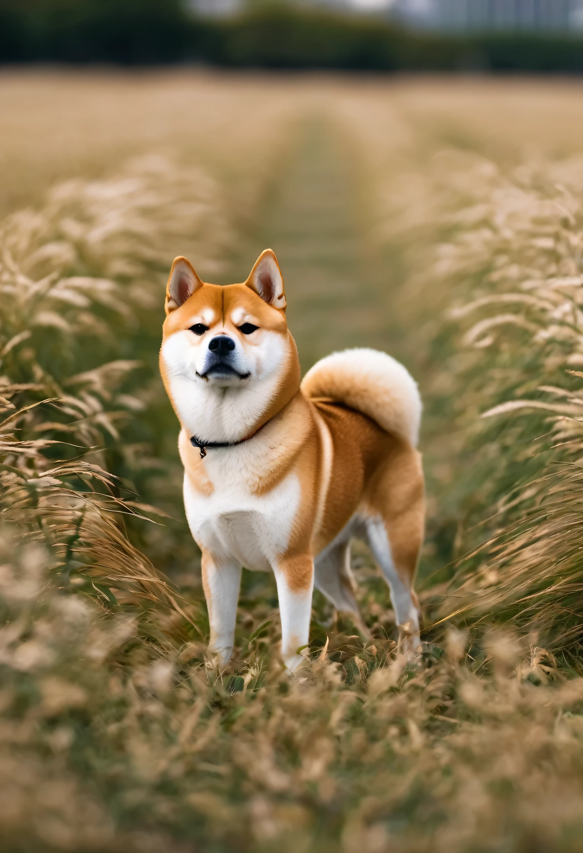 An ultra detailed photo of shiba inu on a field, looking down the city, ultra sharp focus, award winning photo, perfect contrast, high sharpness, ultra detailed photography