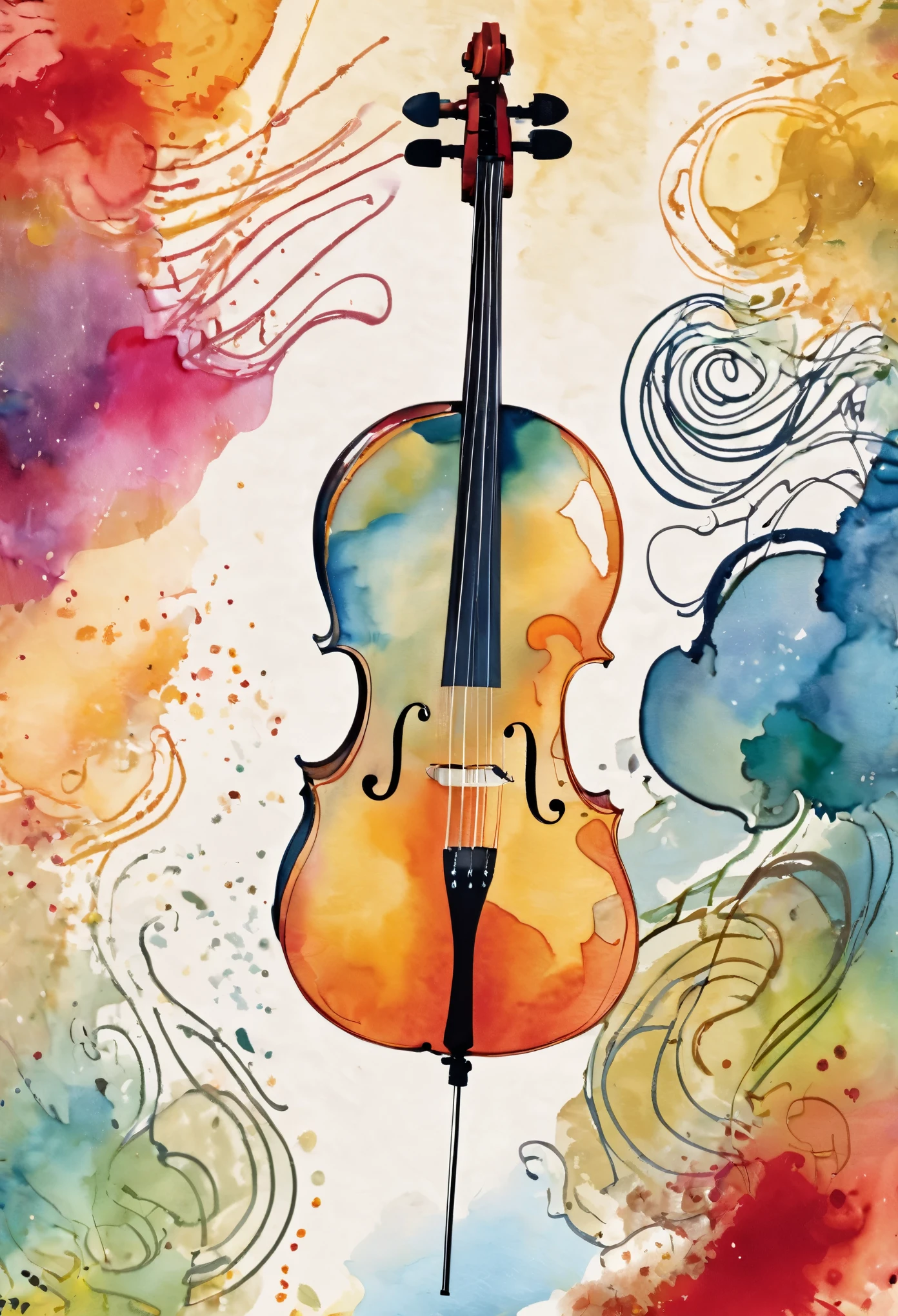 Stylish cut, postcard, artistic,Scribble style,Clear, bold, thick outlines,Rough coloring, watercolor painting,cello