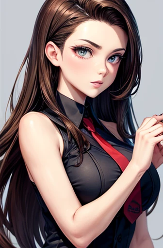 A glamorous adult woman with long brown hair slicked back, wearing a black sleeveless shirt and a red tie