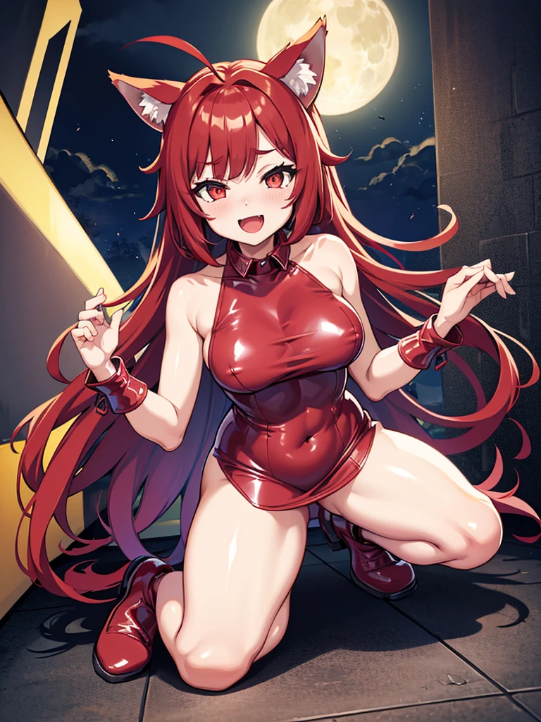 Happy young girl, with wolf ears and pink hair, holding her cheeks, wolf tail, wearing a latex dress, looking at veiwer, full body, you can see her chest, naked breasts