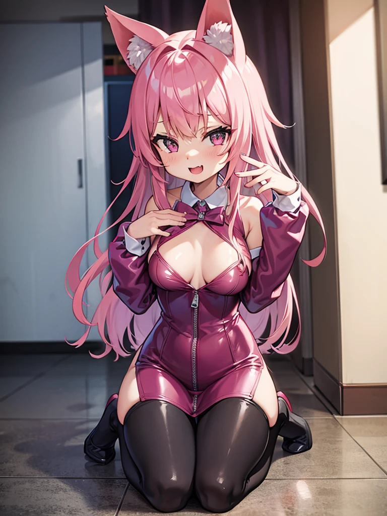 Happy young girl, with wolf ears and pink hair, holding her cheeks, wolf tail, wearing a latex dress, looking at veiwer, full body, you can see her chest, naked breasts