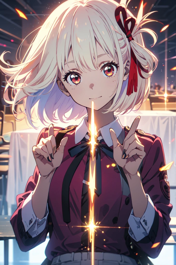 拳銃を持ったdetailed五two-fingered hand, Chisato Nishikigi, lycoris uniform, Point a gun at the viewer, sparks fly, highest quality,((highest quality)),((table top)),((perfect face)),detailed５two-fingered hand,1 girl,The background will be, ((holographic)), , (stripes of light), impressive visuals, (dynamic streak, path of light:1.2), bright colors, Face up,dynamic pose,full body