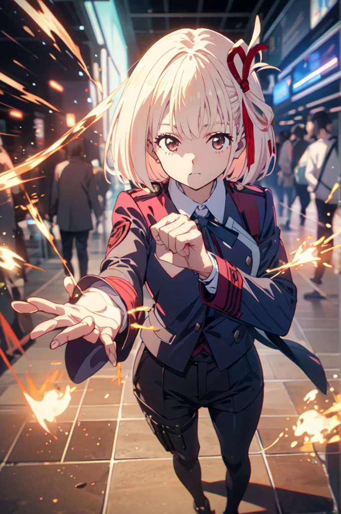 拳銃を持ったdetailed五two-fingered hand, Chisato Nishikigi, lycoris uniform, Point a gun at the viewer, sparks fly, highest quality,((highest quality)),((table top)),((perfect face)),detailed５two-fingered hand,1 girl,The background will be, ((holographic)), , (stripes of light), impressive visuals, (dynamic streak, path of light:1.2), bright colors, Face up,dynamic pose,full body