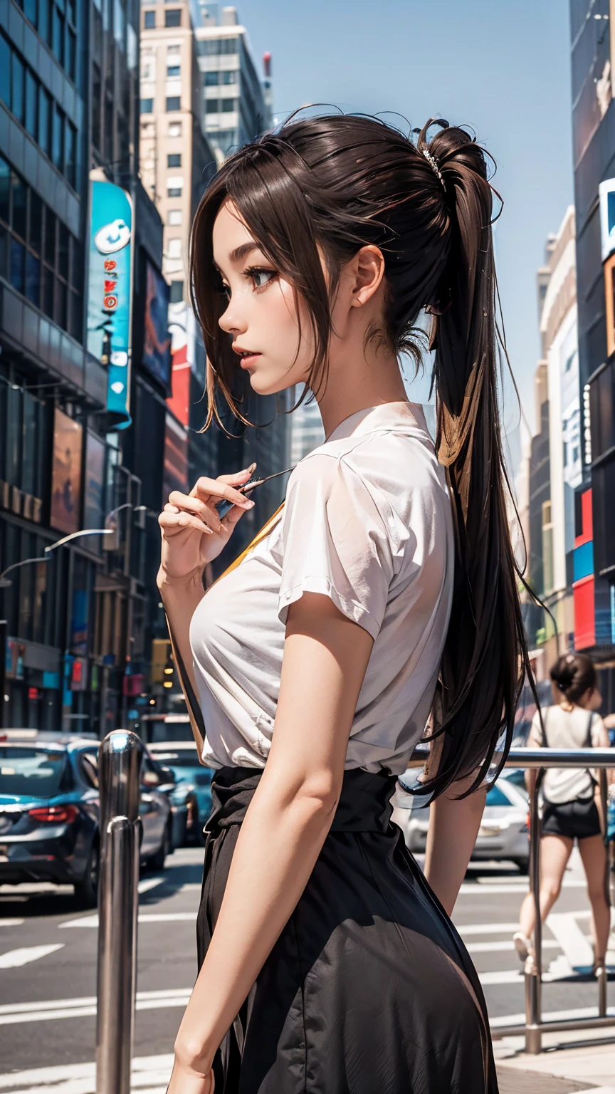 new york、skyscraper、1 woman、Brown inner color((colored inner hair))、ponytail