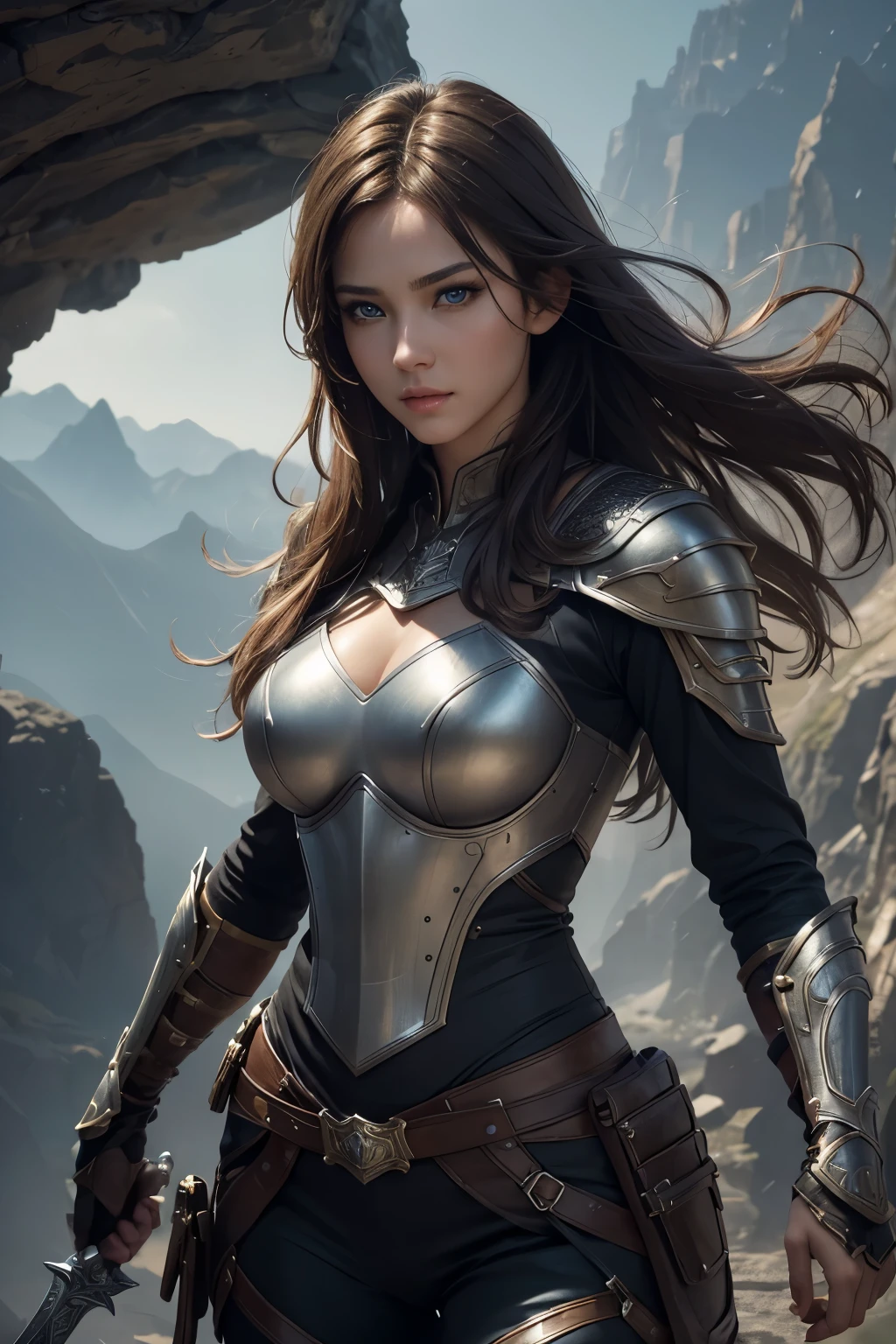 8K,Female adventurer from another world,Super beautiful(like the real thing),Adult woman in leather armor,brown hair,blue eyes,Carrying a long, large sword,Brown combat trousers,dagger on waist,Walking in mountainous areas,perfect face,Perfect hand shape,Charm,Volume measurement,Body balance,超High resolution,super realistic skin,Digital single-lens reflex camera, soft lighting, high quality, highly detailed face, highly detailed eyes, highly detailed skin, skin, Scattered beneath the surface, highly detailed face, highly detailed eyes, beautiful expression, lip whole, detailed background, Depth of the bounds written, small breasts、volume lighting, sharp focus, absurd, realistic proportions, excellent anatomy, (realistic, 超realistic:1.4), 16K HDR, dawn,big breasts,High resolution,super realistic skin,super beautiful expression,fantasy art,character art,dynamic pose,Makeup,have,