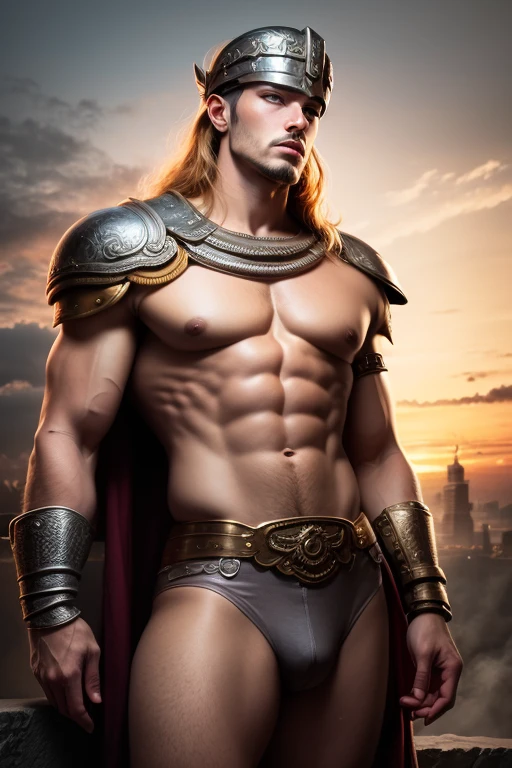 chiaroscuro technique on impressionist illustration of an masculine, Pantheon male model, handsome Roman, he is the god of war, he is Ares, Mars, evil-color, strong look, light blue eyes, strong jawline, dressed as a gladiator, ancient gladiator, male gladiator skirt, matte painting, by Harumi Hironaka, extremely soft colors, vibrant, pastel, highly detailed, digital artwork, high contrast, golden dramatic, refined, tonal, an intimate, titanic color