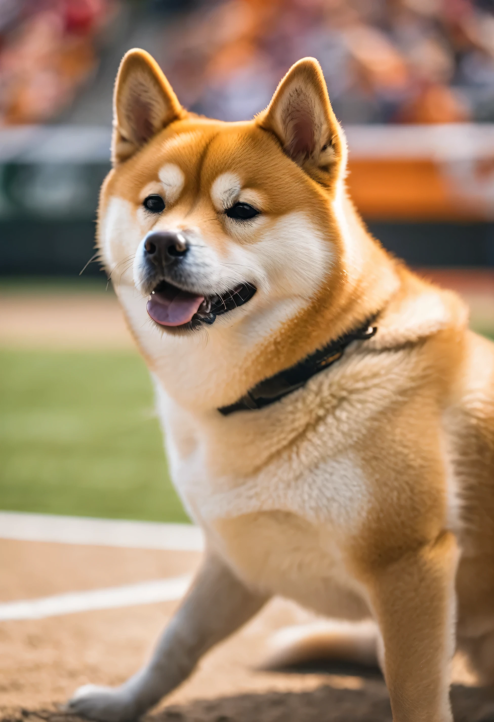 An ultra detailed photo of shiba inu in a stadium, ultra sharp focus, award winning photo, perfect contrast, high sharpness, ultra detailed photography