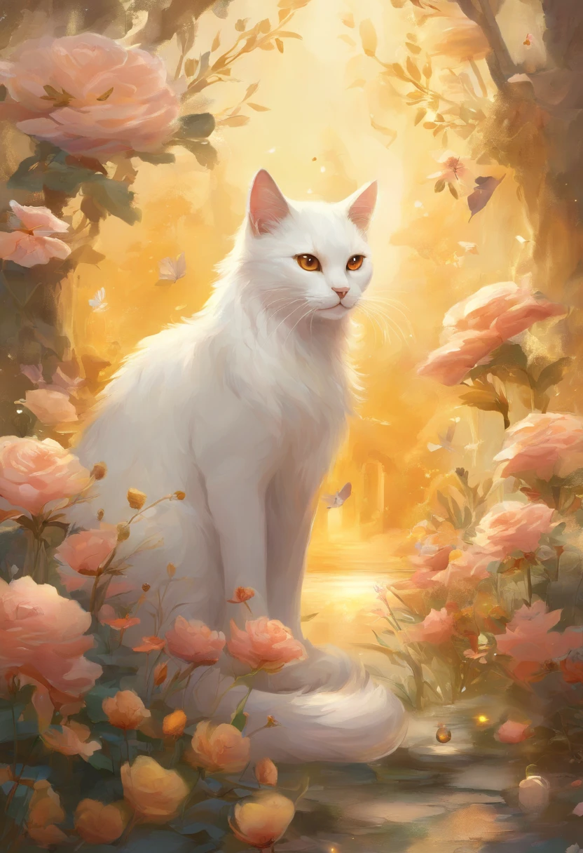Cream cat, short hair, amber eyes, flowers, gold,