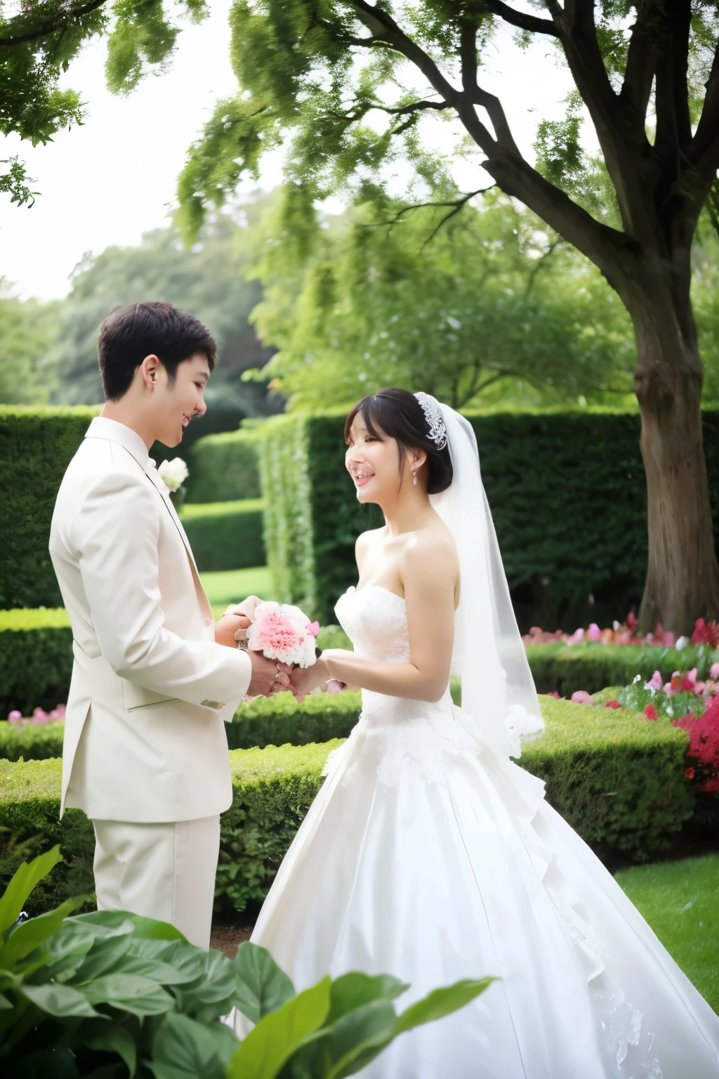 Realistic, couple, wedding, white dress, garden background