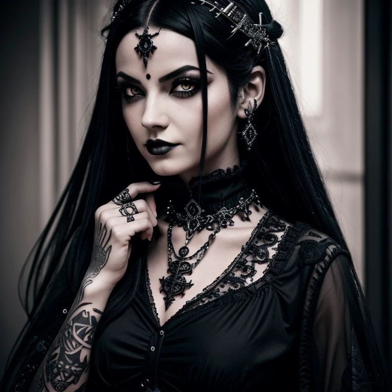 closeup photo of Gothic woman with oversized expressive pink eyes, gothic facial tattoos, gothic baroque jewelry. long glowing Black and white hair in the style of Nezuko. Natural light, Bokeh, Angus McBean —ar 1:2 —stylize 350