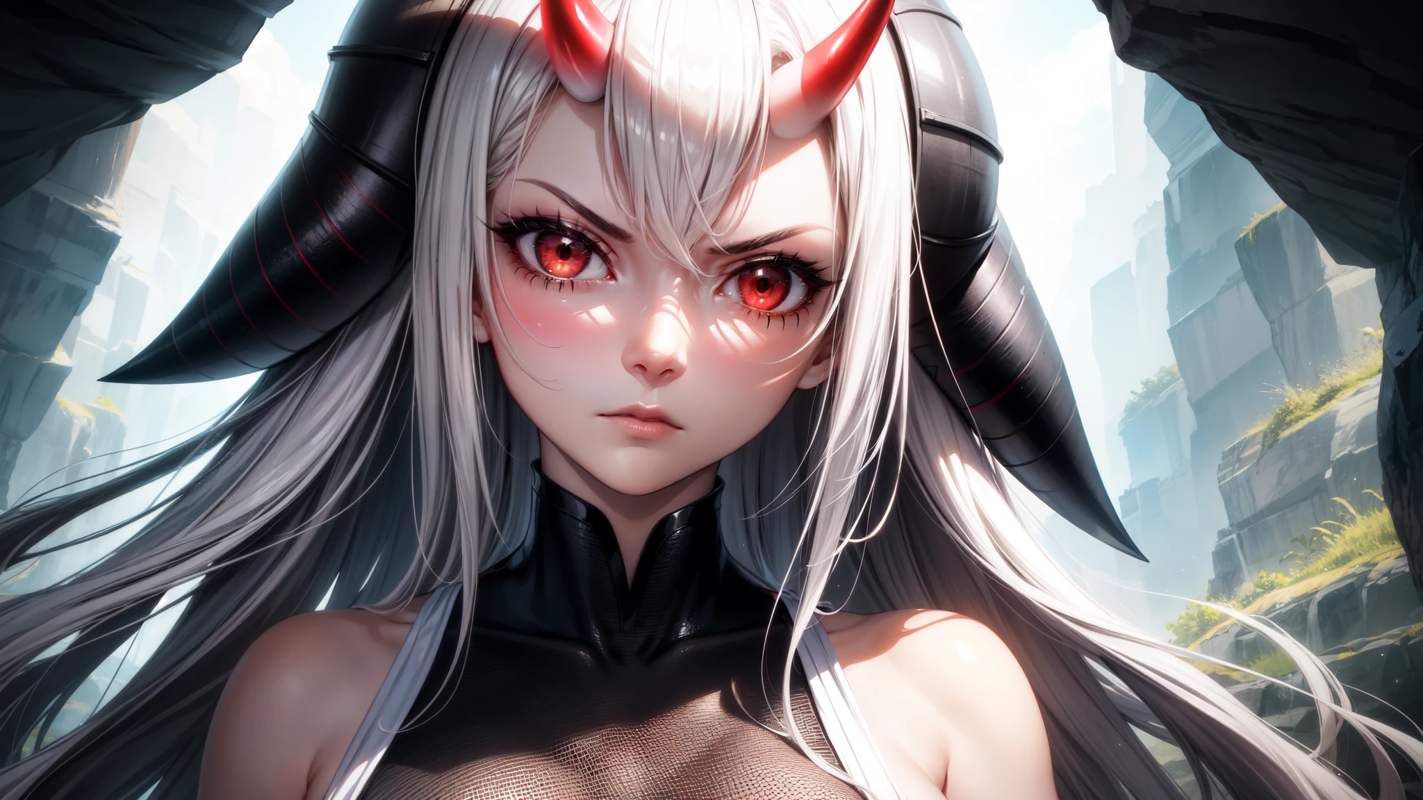 (1 girl, oni horn, long hair, white hair, glowing red eyes, dress, sexy), (gray, gray theme, inside the cave, backlight, fog), front side, looking at you,  Light Edge, Two-tone Lighting, (High Detail Skin: 1.2), 8K UHD, DSLR, Soft Light, High Quality, Volume Lighting, Candid Photo, High Resolution, 4K, 8K, Background Bokeh, serious expression, villain pose, shiny hair,