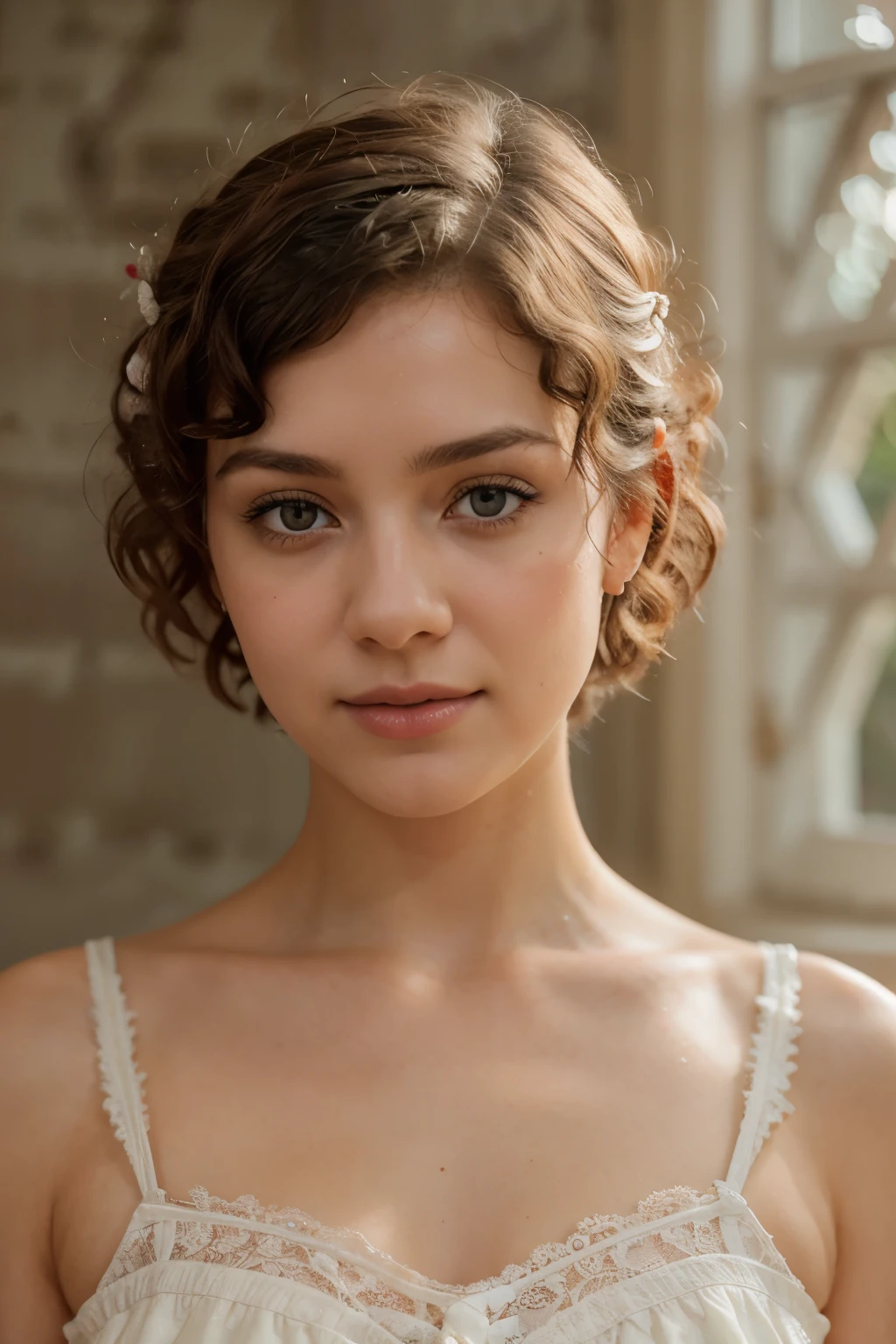 Beautiful woman with white short curly hair, extremely high quality RAW color photo with high detail, romantic mood, Canon EOS R5 effect, soft lighting, warm tones, depth of field effect, eye contact, girl wearing white lace vintage dress, against wall Victorian interior, detailed facial features, background lighting, bokeh, emotional depth, shine and radiance of the skin