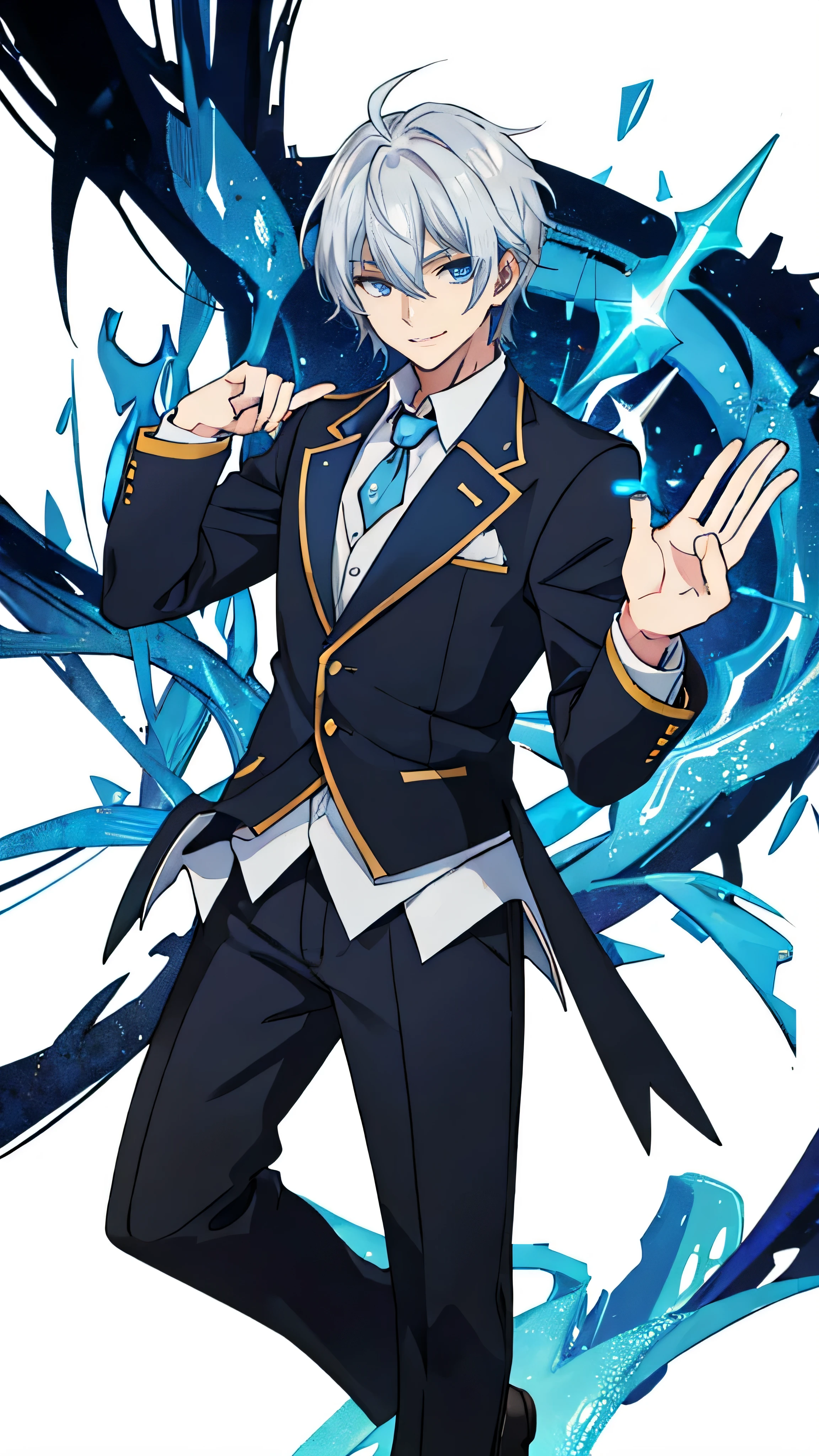 1 male, beautiful and cool character, blazer uniform, smiling a little, whole body, Are standing, white background, sort silver hair, gold eye on left eye and blue eye on right eye, The left eye is golden and the right eye is blue-eyed, he is tall, 17-18 years old, senior high School, Bold, handsome man, authoritative, perverted face, cool pose, anime style, anime picture style, the details is so good, hd picture,4k, no bug and glitch, 