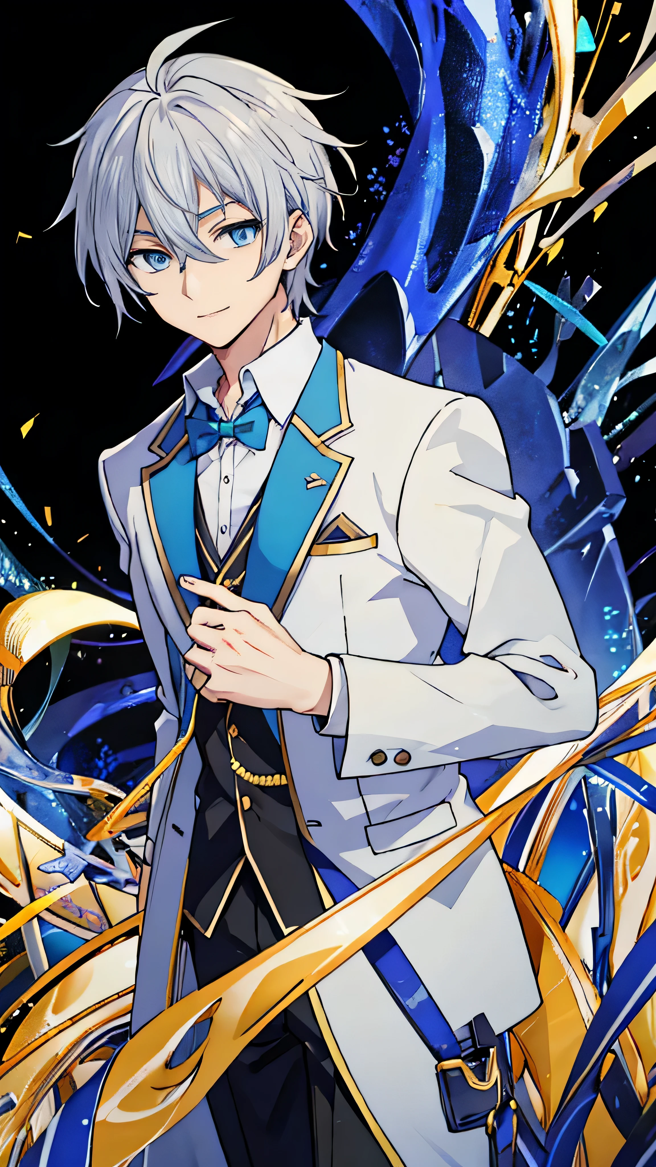 1 male, beautiful and cool character, blazer uniform, smiling a little, whole body, Are standing, white background, sort silver hair, gold eye on left eye and blue eye on right eye, The left eye is golden and the right eye is blue-eyed, he is tall, 17-18 years old, senior high School, Bold, handsome man, authoritative, perverted face, cool pose, anime style, anime picture style, the details is so good, hd picture,4k, no bug and glitch, 