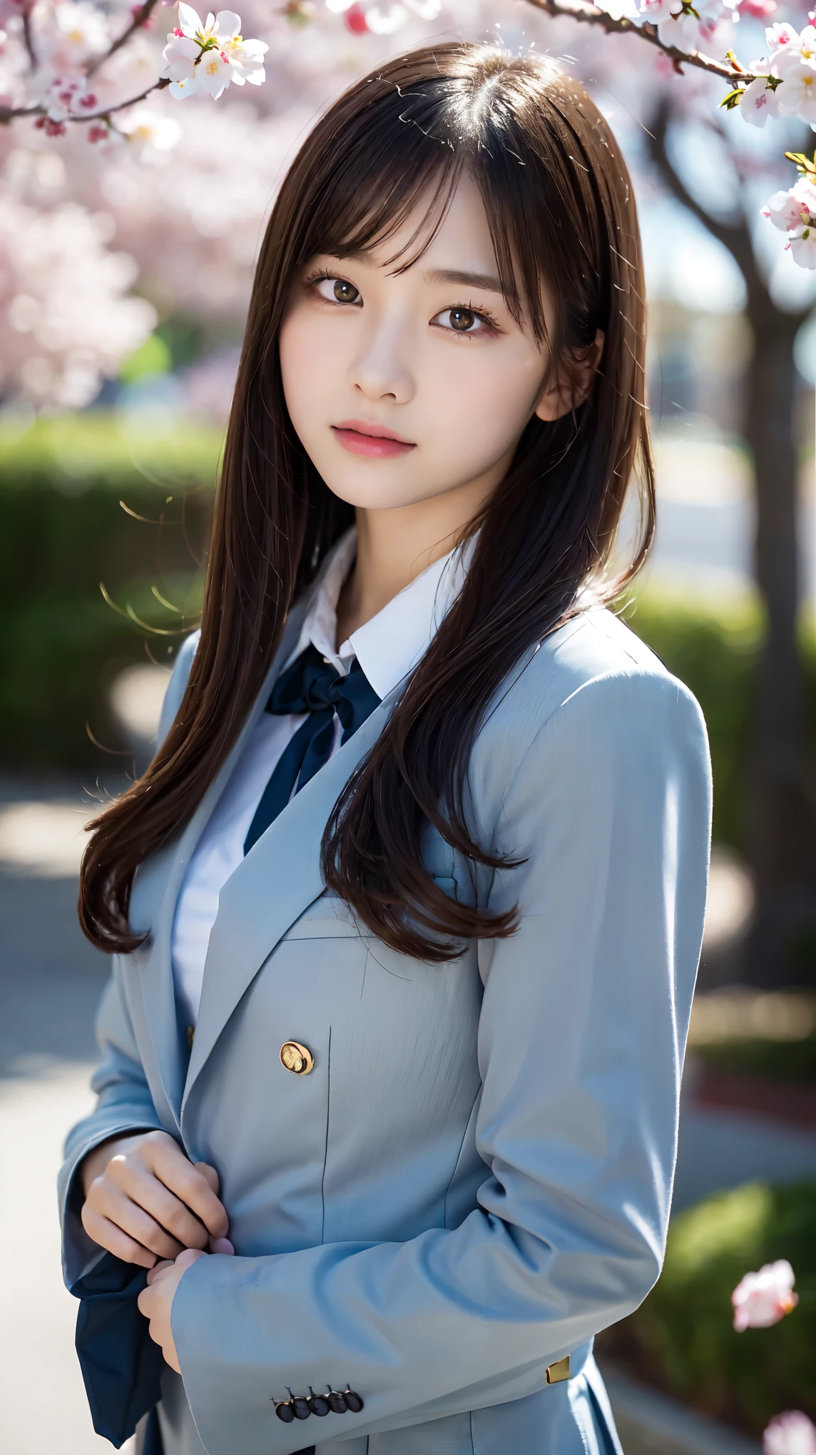 graduation ceremony、high school girl、uniform 、navy blue blazer、Cherry tree in full bloom、Cherry blossom confetti、perfect proportions、cute、((18 year old female:1.2))、young adorable japanese face，official art，Highly detailed CG Unity 8K wallpaper，（masterpiece:1.0),(highest quality:1.0), 超A high resolution,4k,Super detailed, photo shoot, 8K, nffsw, High resolution, kodak portrait 400, film grain, lens flare glow,高いest quality,8K,nffsw:1.2),portrait shot,8K、View viewer