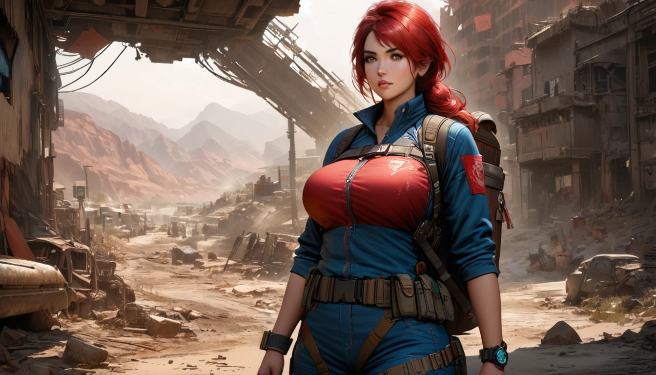 Fallout 3 girl red punk head blue shelter uniform Backpack big breasts satellite map watch post-apocalyptic world Realistic full-body shot