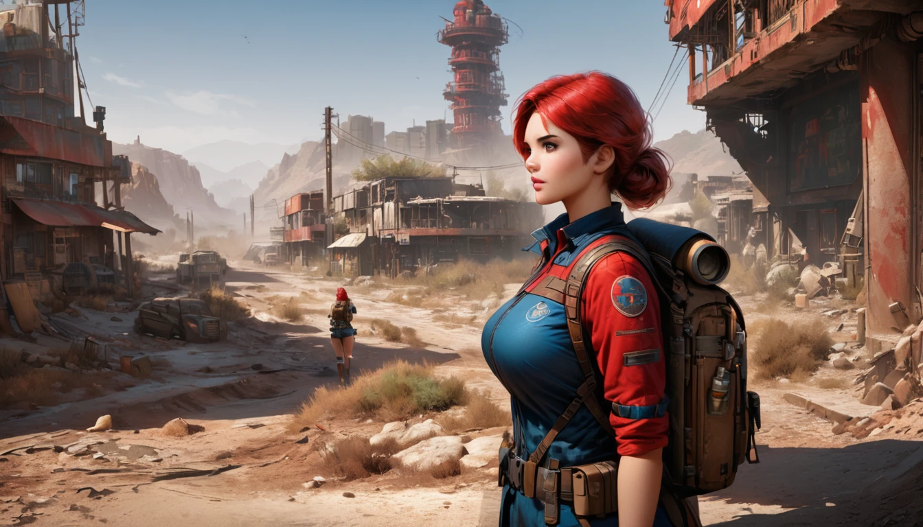 Fallout 3 girl red punk head blue shelter uniform Backpack big breasts satellite map watch post-apocalyptic world Realistic full-body shot