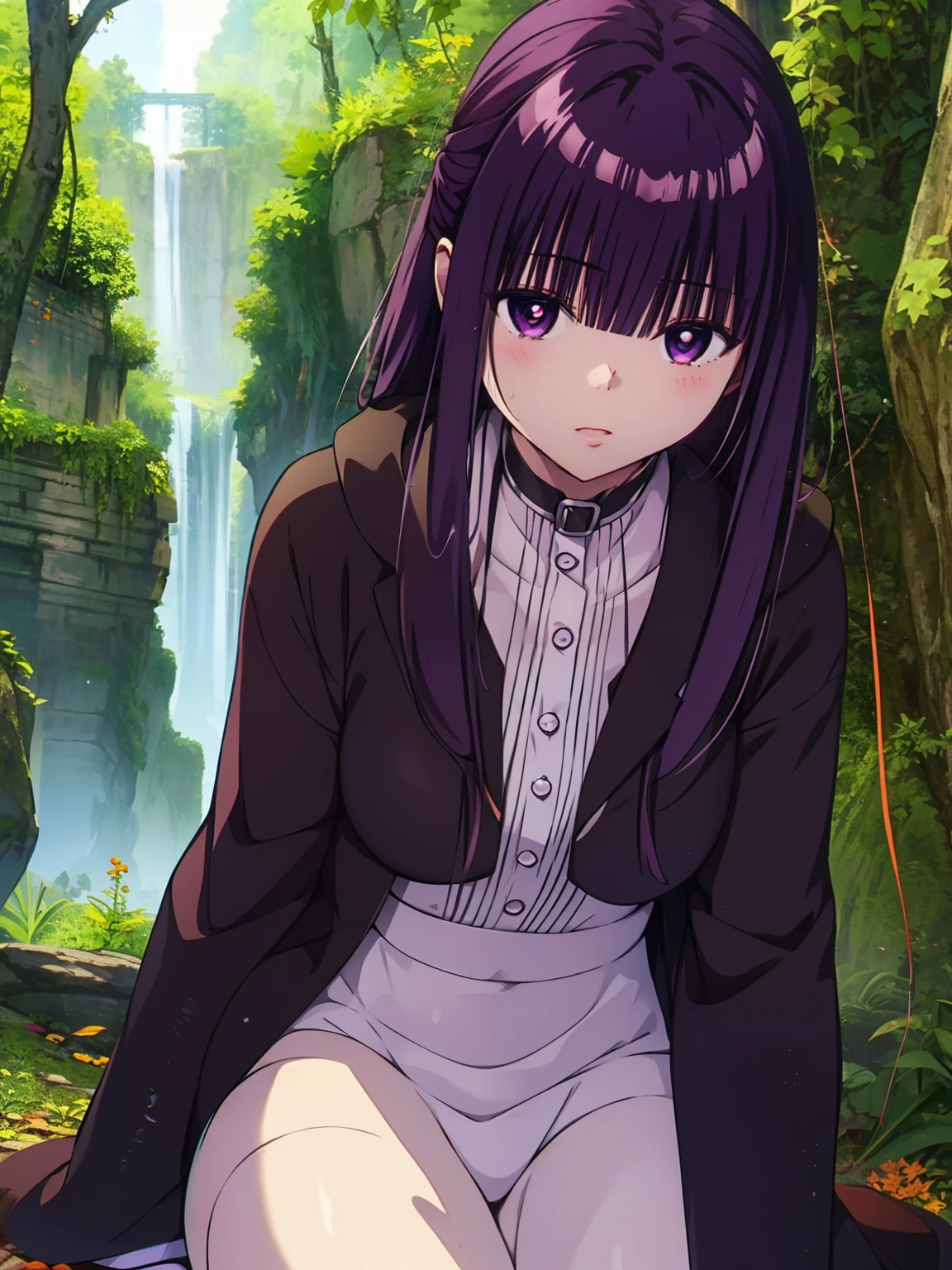 freirenFern, Fern, purple hair, long hair, purple eyes, dull bangs, side lock, half up hair, bright pupils, (big breasts, 1 girl), Ruffled collar, black robe, white dress, center ruffle, button, wide sleeve, long sleeve, crooked, Ruffled collar, BREAK&#39;s masterpiece, highest quality, High resolution, 8K, official art, super resolution, very detailed and beautiful, very detailed, Incredibly detailed, very detailed美しい女の子, very detailed顔, very detailed目, very detailed肌, very detailed指, very detailed鼻, very knowledgeable mouth, Perfect Anatomy BREAK Full Body Shot, look down, Pray BREAK HILL, nature, forest, very detailed CG unity 16k, Very detailed 16KCG wallpaper
