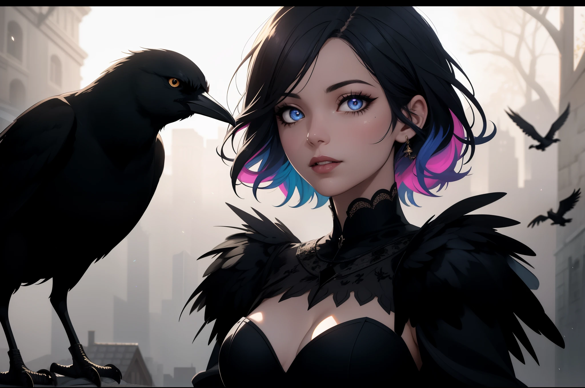 (best quality, high-res, masterpiece), ultra-detailed, (realistic, photorealistic, photo-realistic), a girl dressed mysteriously, beautiful detailed eyes, beautiful detailed lips, extremely detailed eyes and face, long eyelashes, raven-haired, expressive body posture, mysterious smile, dramatic, emotional look, her clothing is dark and gothic-inspired, crow feathers, whispering in her ear, fluttering black wings, contrasting against the pale sky, golden rays of sunlight illuminating the scene, dramatic lighting casting dim shadows, (a crow perched on her shoulder:1.1, crows flying around), crow's dark feathers glistening in the sunlight, creating an eerie and mysterious atmosphere, Depth of field, wallpaper, high contrast, intricate details, volumetric lighting, (dynamic composition:1.2), highly detailed, colorful details, (iridescent colors), (glowing lighting, atmospheric lighting), dreamy, magical, solo, lens flare, colorful, Cinematic light, high-res, sharp focus, smooth, colorful light, particles, dark colors schemes,