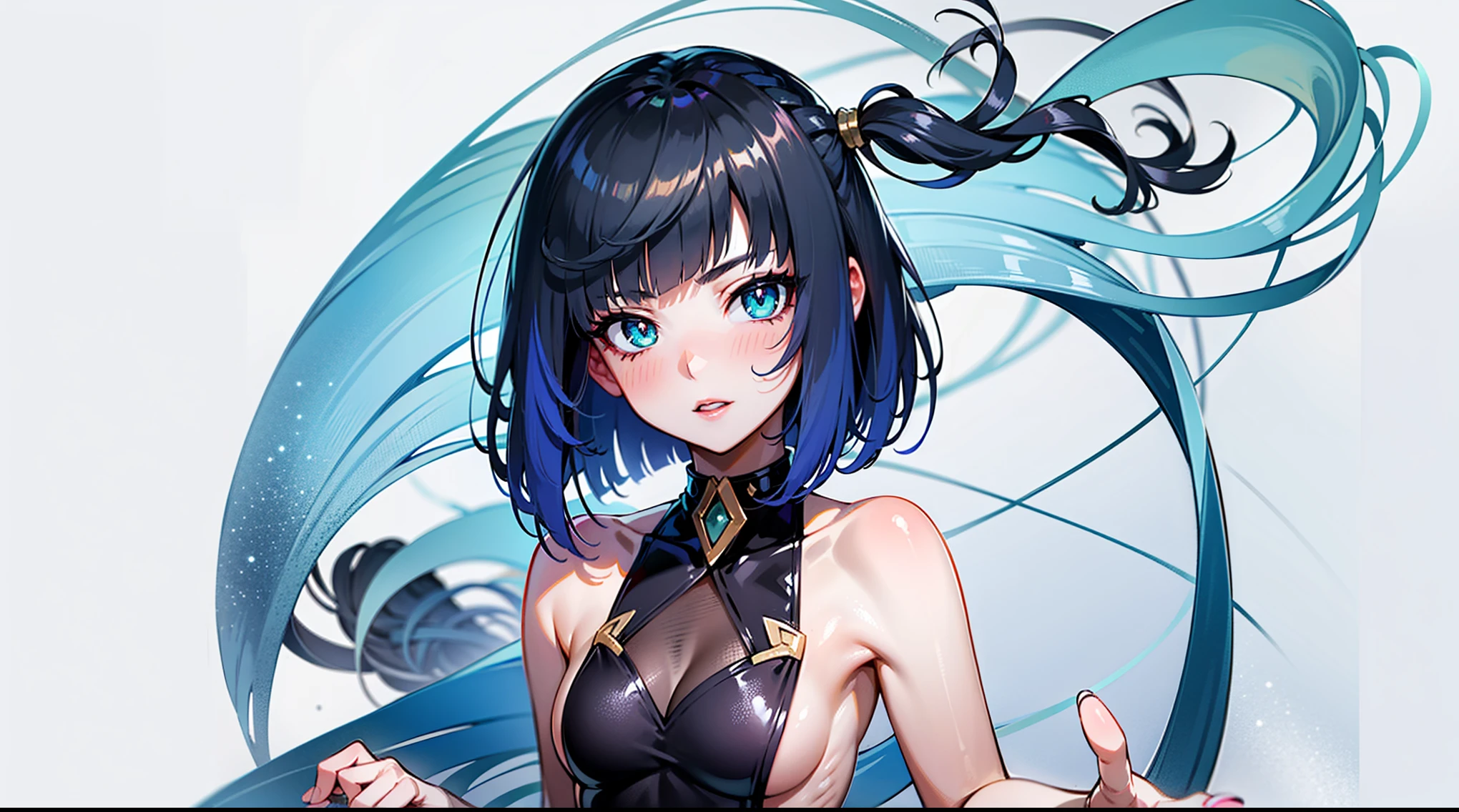 woman, in her twenties, short hair, proportional hands, Yelan anime eyes, perfect body, sensual cleavage, red sleeveless blouse, wearing black micro shorts, sexy shorts, vinyl shorts, Ultra HD, 4k image, image of best quality, (fidelity: 1.4), photoreal, light green eyes, eyelashes, beautiful pupil, shadows, slight blush, delicate facial features, reasonable facial features, exposed waist, natural poses, small breasts, 1 girl, standing, just one girl, one face, one head, street background, sitting on a sidewalk, intricate background