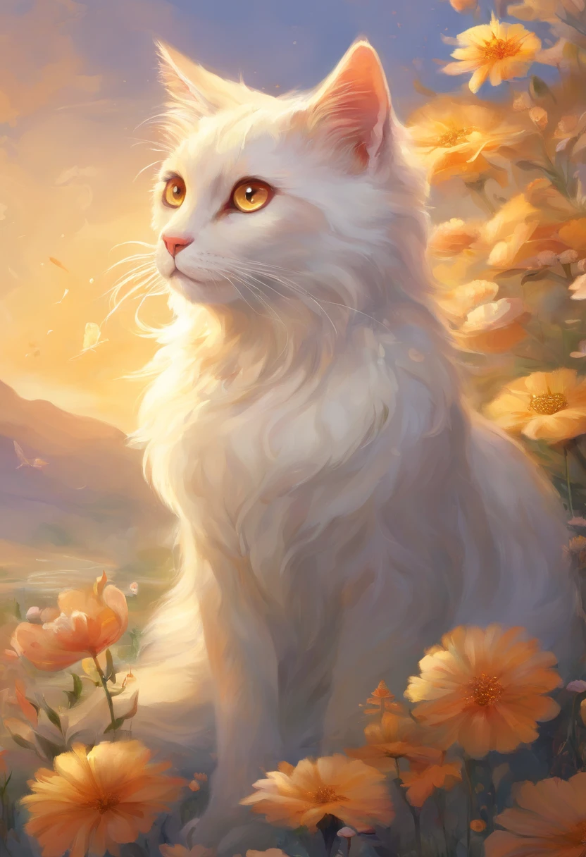 Cream cat, short hair, amber eyes, flowers, gold,